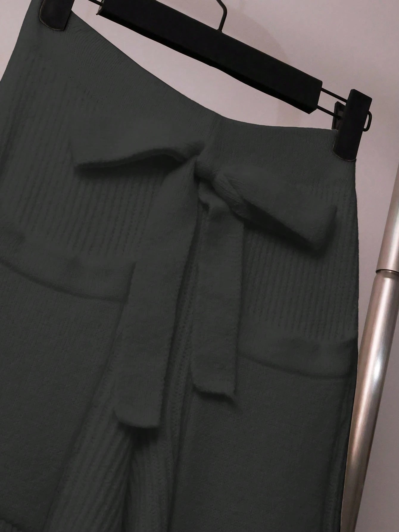 Women Casual Solid Color Knit Sweater Set, Collared Button-Up Cardigan And Front Bow Pocket Knit Pants
