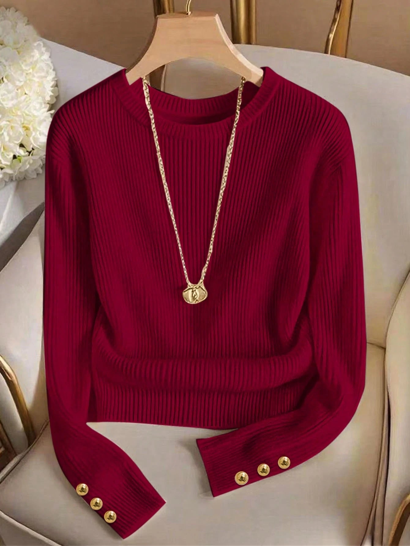 Elegant Round Neck Knit T-Shirt, Minimalist Fashion Knit Top, Autumn/Winter