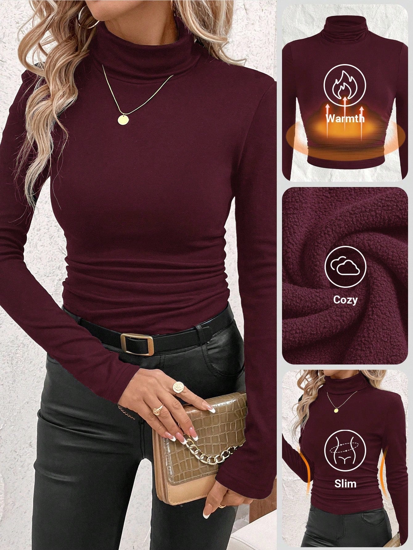Women's Stand Collar Gathered Warm T-Shirt