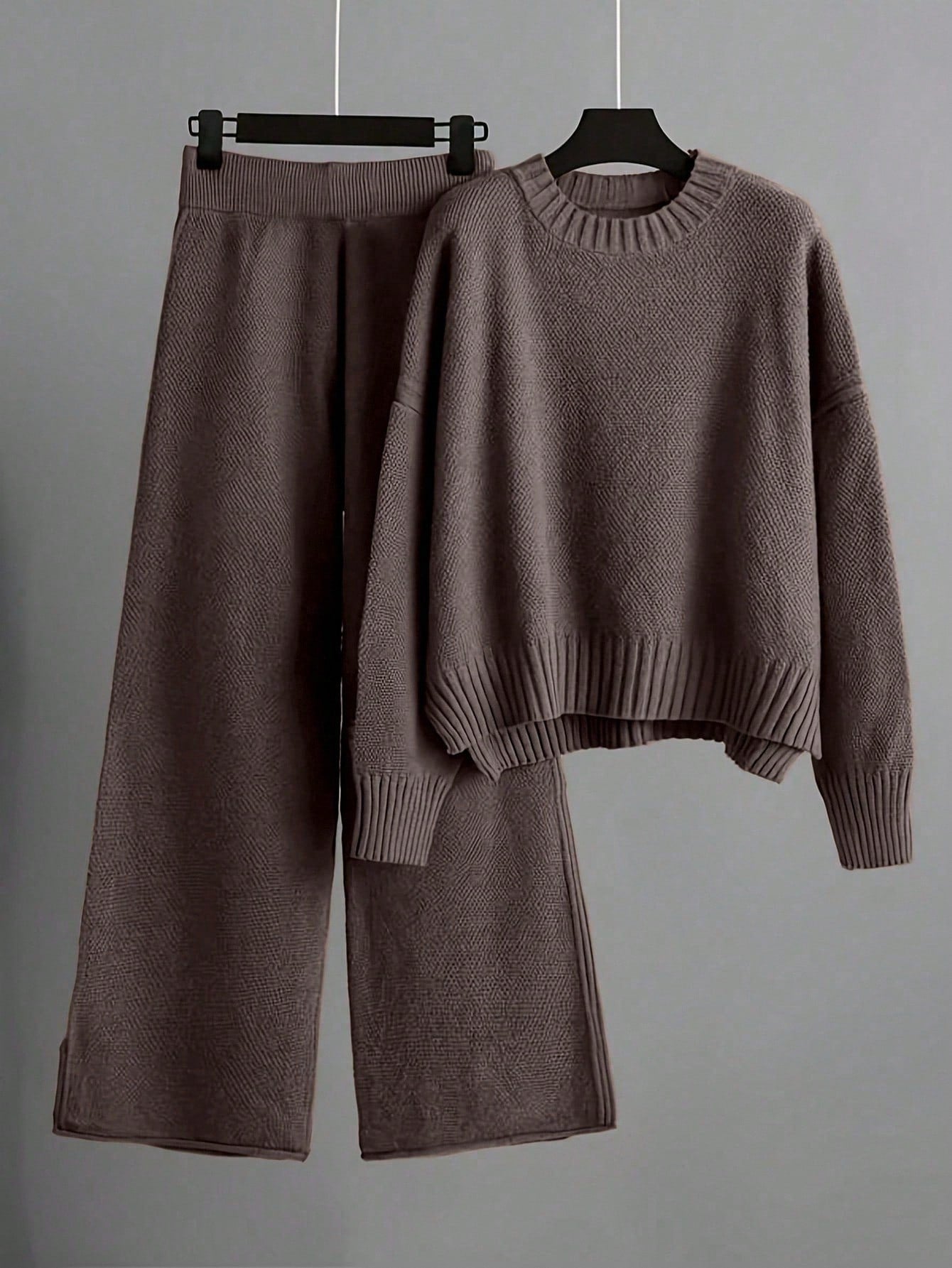 2pcs/Set Solid Color Crew Neck Long Sleeve Top And Pants Casual Outfit Fall Winter Cloth For Women