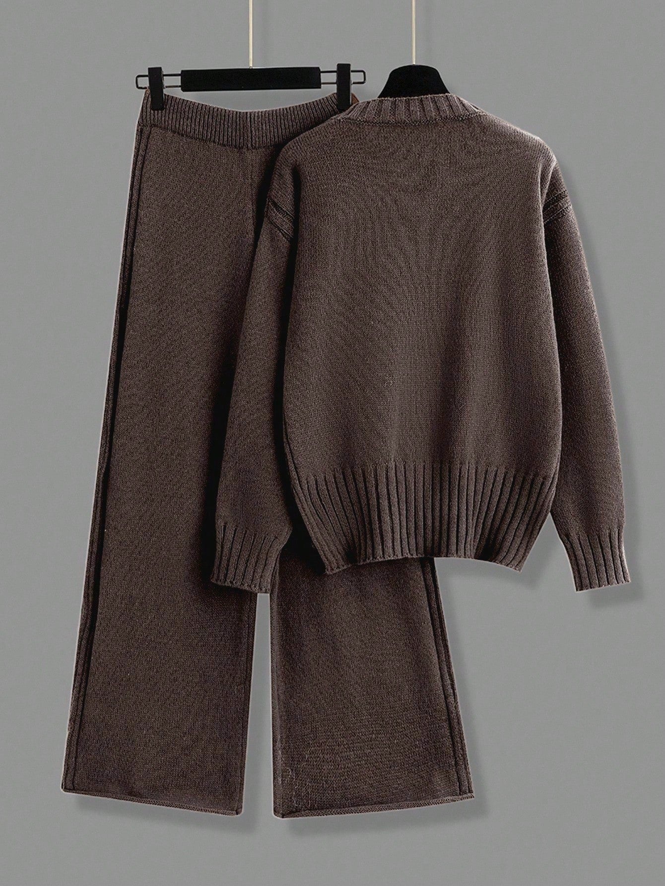 2pcs/Set Solid Color Crew Neck Long Sleeve Top And Pants Casual Outfit Fall Winter Cloth For Women