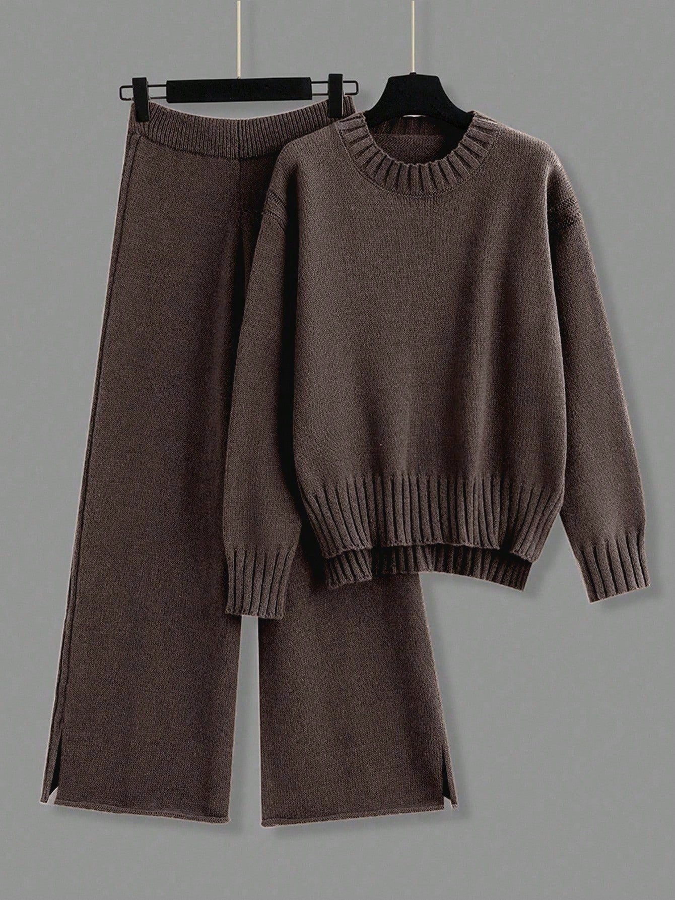 2pcs/Set Solid Color Crew Neck Long Sleeve Top And Pants Casual Outfit Fall Winter Cloth For Women