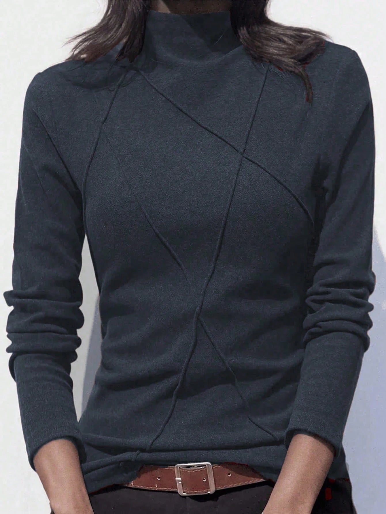 Women's Thicken Fleece Turtleneck Thermal Undershirt, Stylish Splice Rib Knit Design