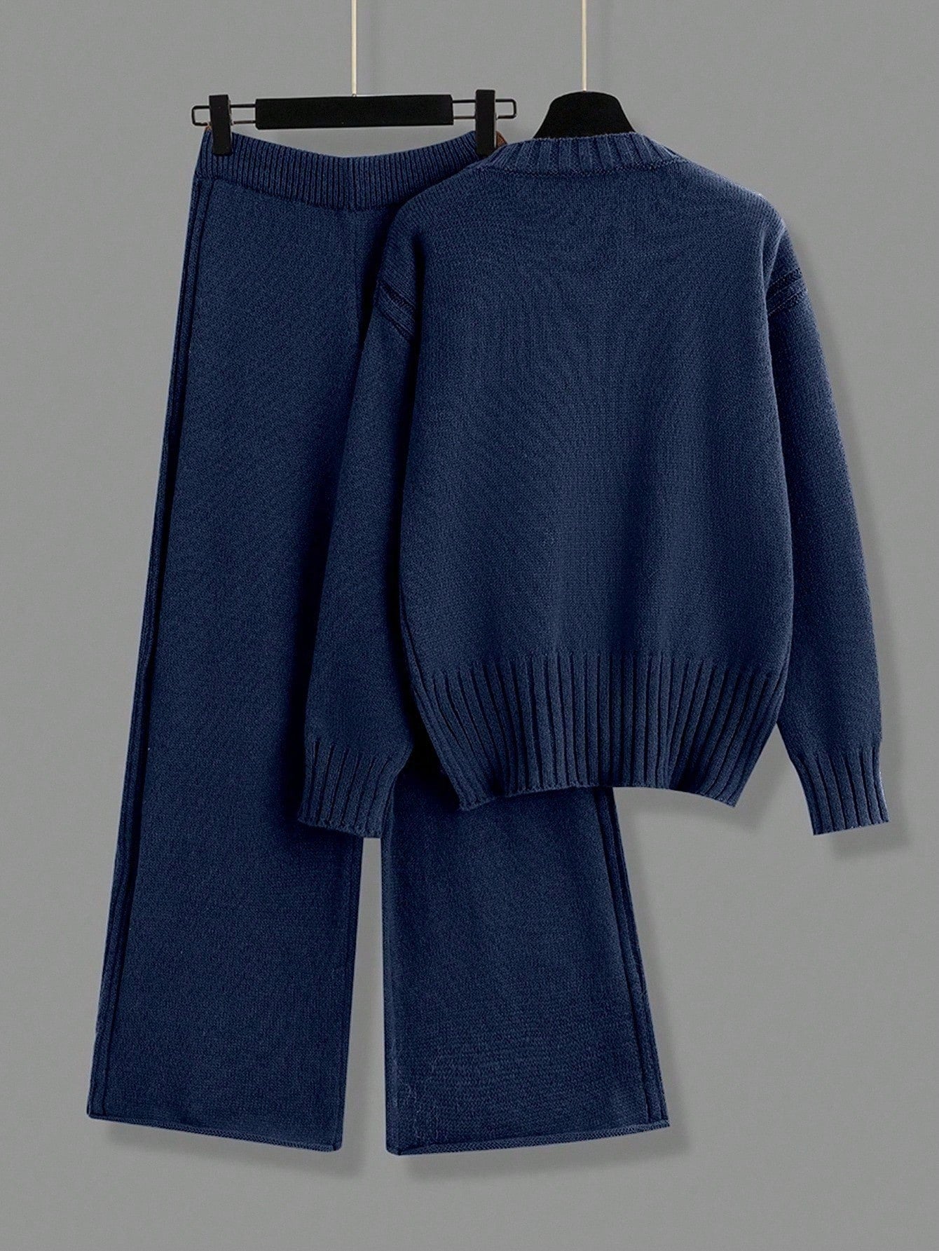 2pcs/Set Solid Color Crew Neck Long Sleeve Top And Pants Casual Outfit Fall Winter Cloth For Women