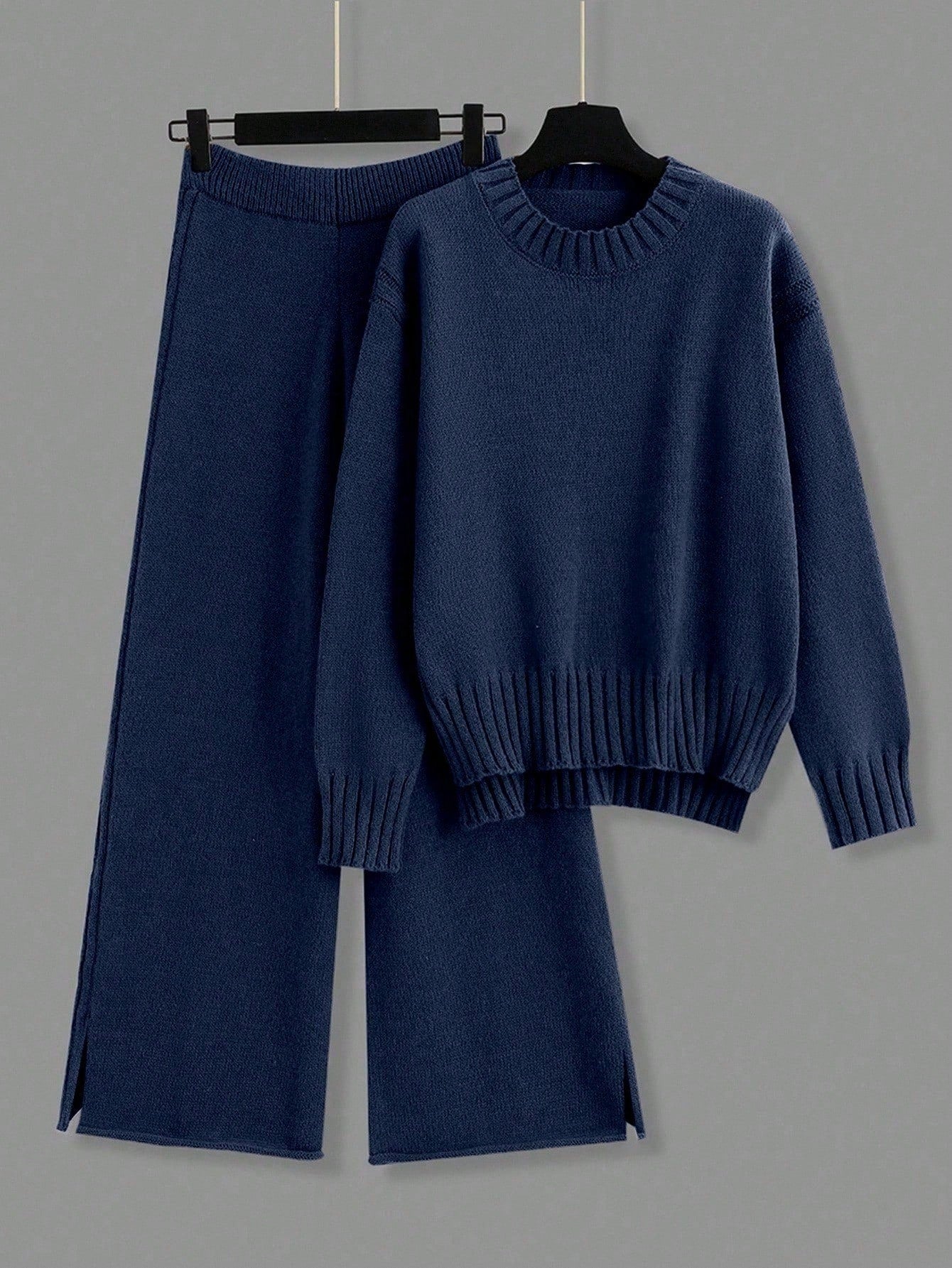 2pcs/Set Solid Color Crew Neck Long Sleeve Top And Pants Casual Outfit Fall Winter Cloth For Women