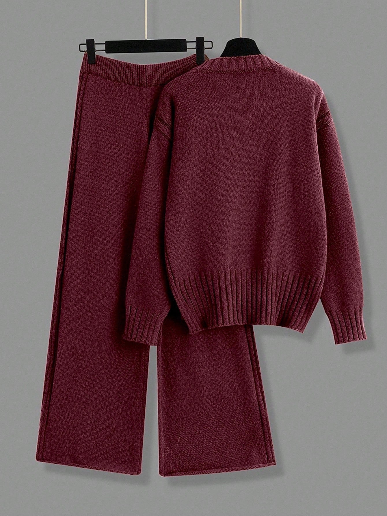 2pcs/Set Solid Color Crew Neck Long Sleeve Top And Pants Casual Outfit Fall Winter Cloth For Women