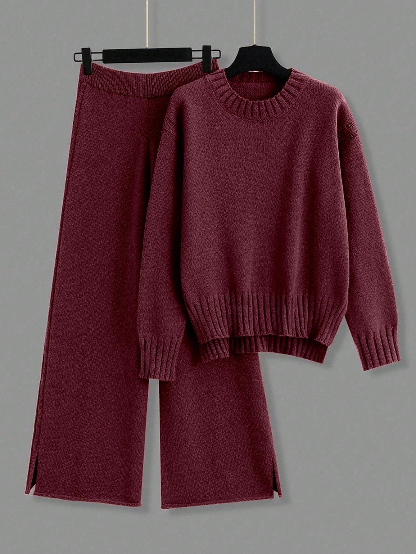 2pcs/Set Solid Color Crew Neck Long Sleeve Top And Pants Casual Outfit Fall Winter Cloth For Women
