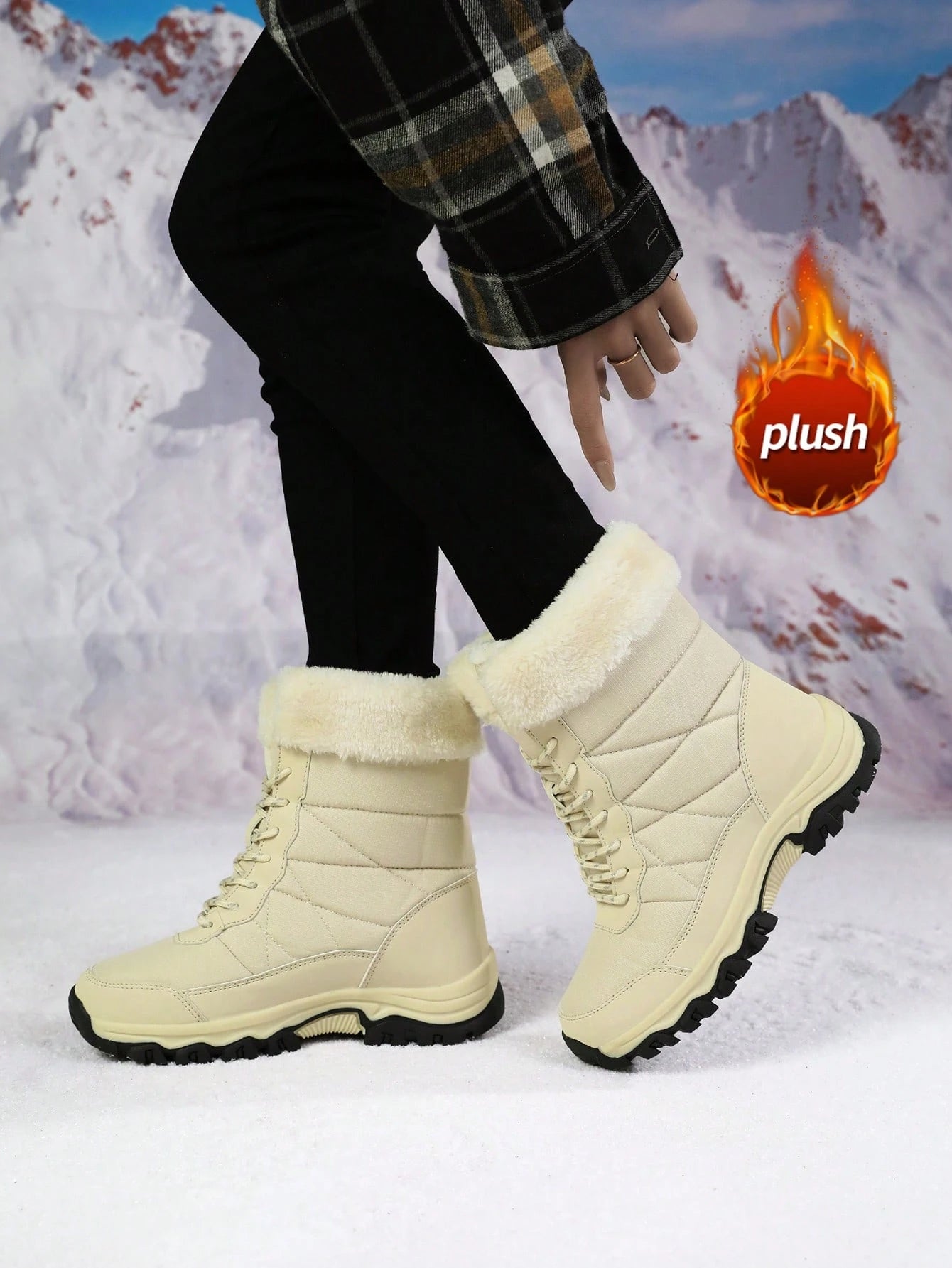 Women's Snow Boots, New Autumn/Winter High-Top Mid-Calf Lace-Up Comfortable Thick-Soled Non-Slip Durable Solid Casual Boots, Fashionable Outdoor Hiking Adventure, Thick Plush Lining, Waterproof Leather Upper, Comfortable And Warm