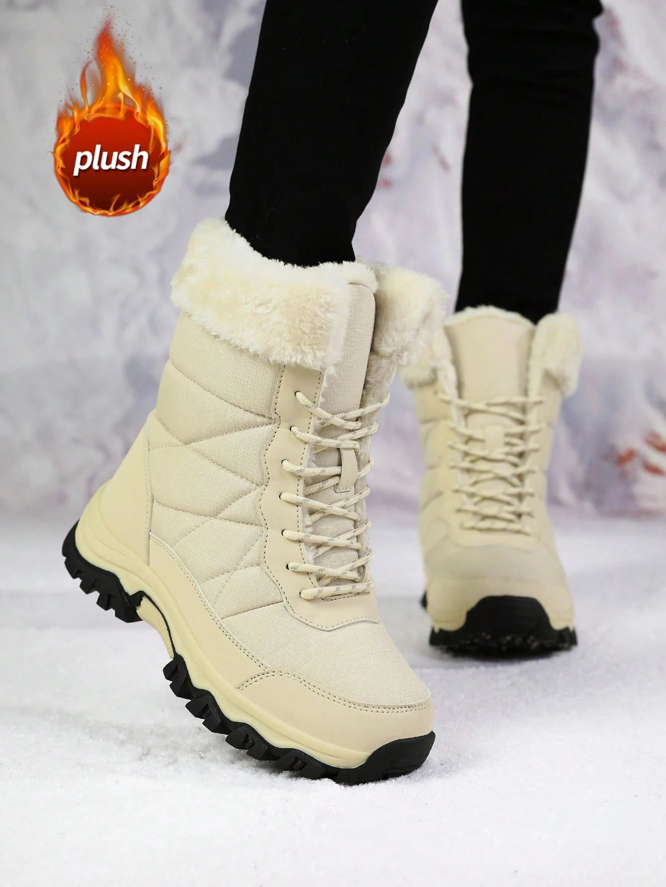Women's Snow Boots, New Autumn/Winter High-Top Mid-Calf Lace-Up Comfortable Thick-Soled Non-Slip Durable Solid Casual Boots, Fashionable Outdoor Hiking Adventure, Thick Plush Lining, Waterproof Leather Upper, Comfortable And Warm
