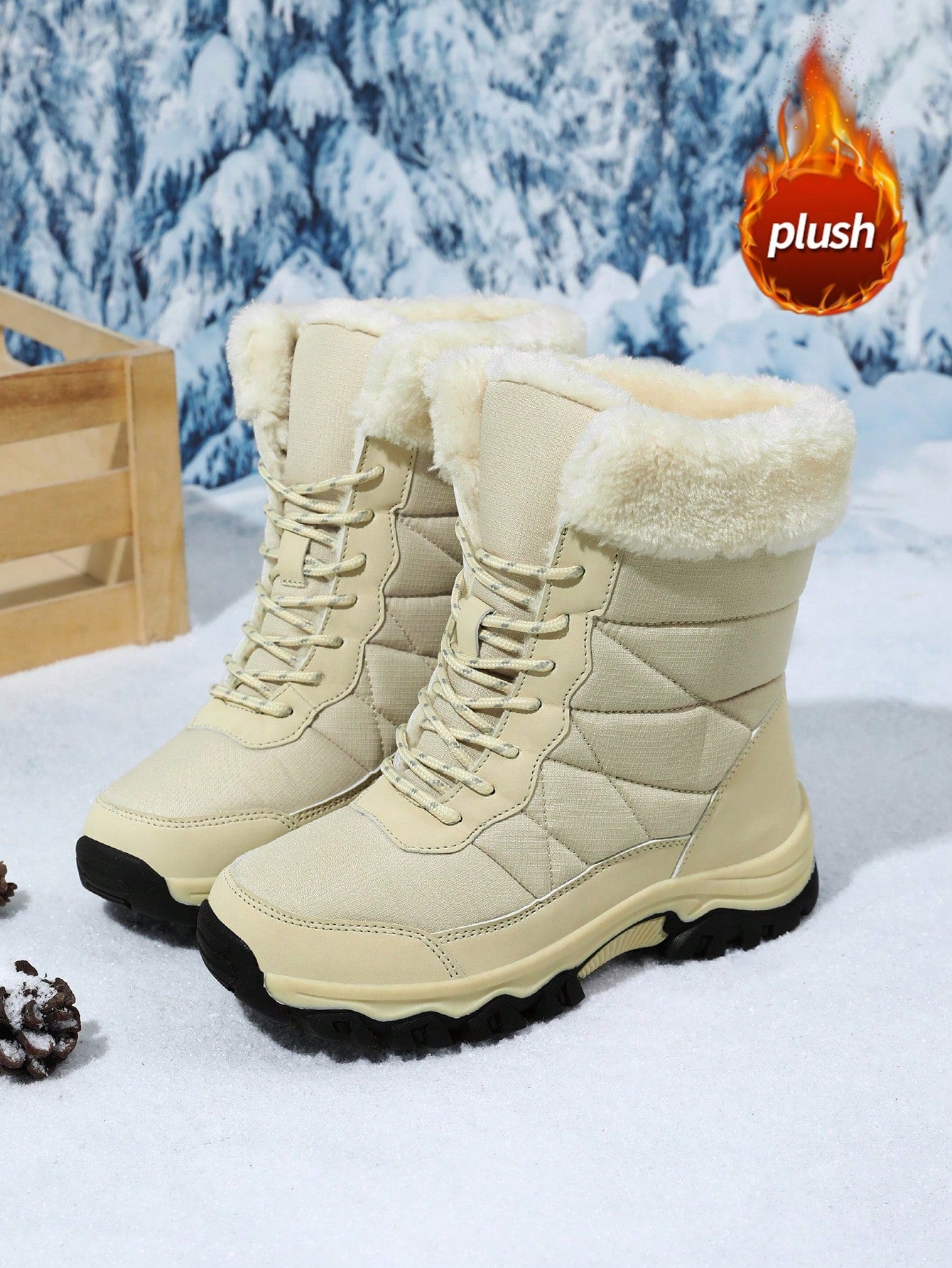Women's Snow Boots, New Autumn/Winter High-Top Mid-Calf Lace-Up Comfortable Thick-Soled Non-Slip Durable Solid Casual Boots, Fashionable Outdoor Hiking Adventure, Thick Plush Lining, Waterproof Leather Upper, Comfortable And Warm