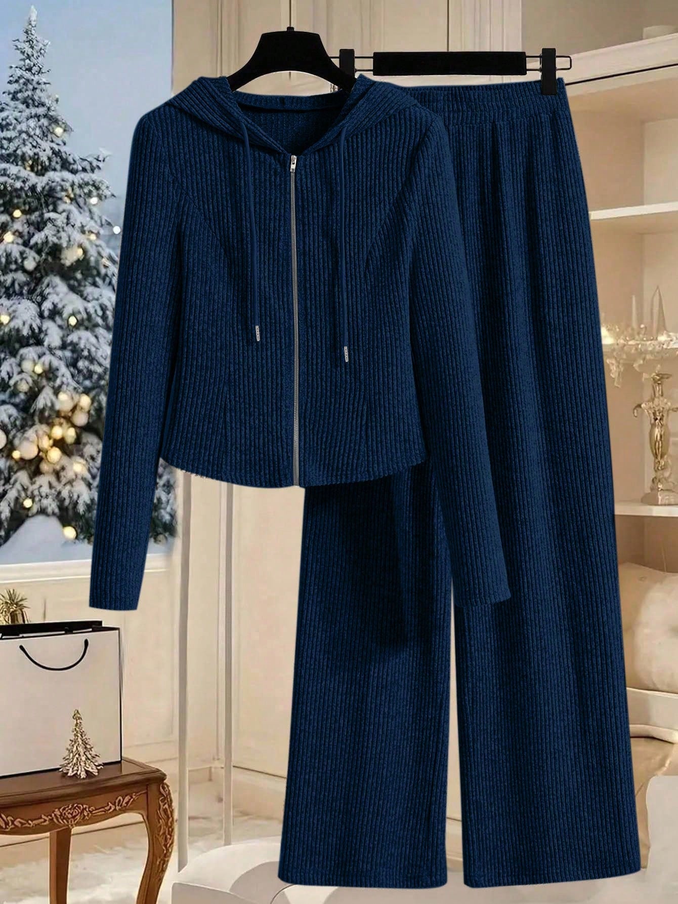 Women's Solid Color Long Sleeve Zip-Up Hooded Top And Wide Leg Pants Casual 2 Pieces Set