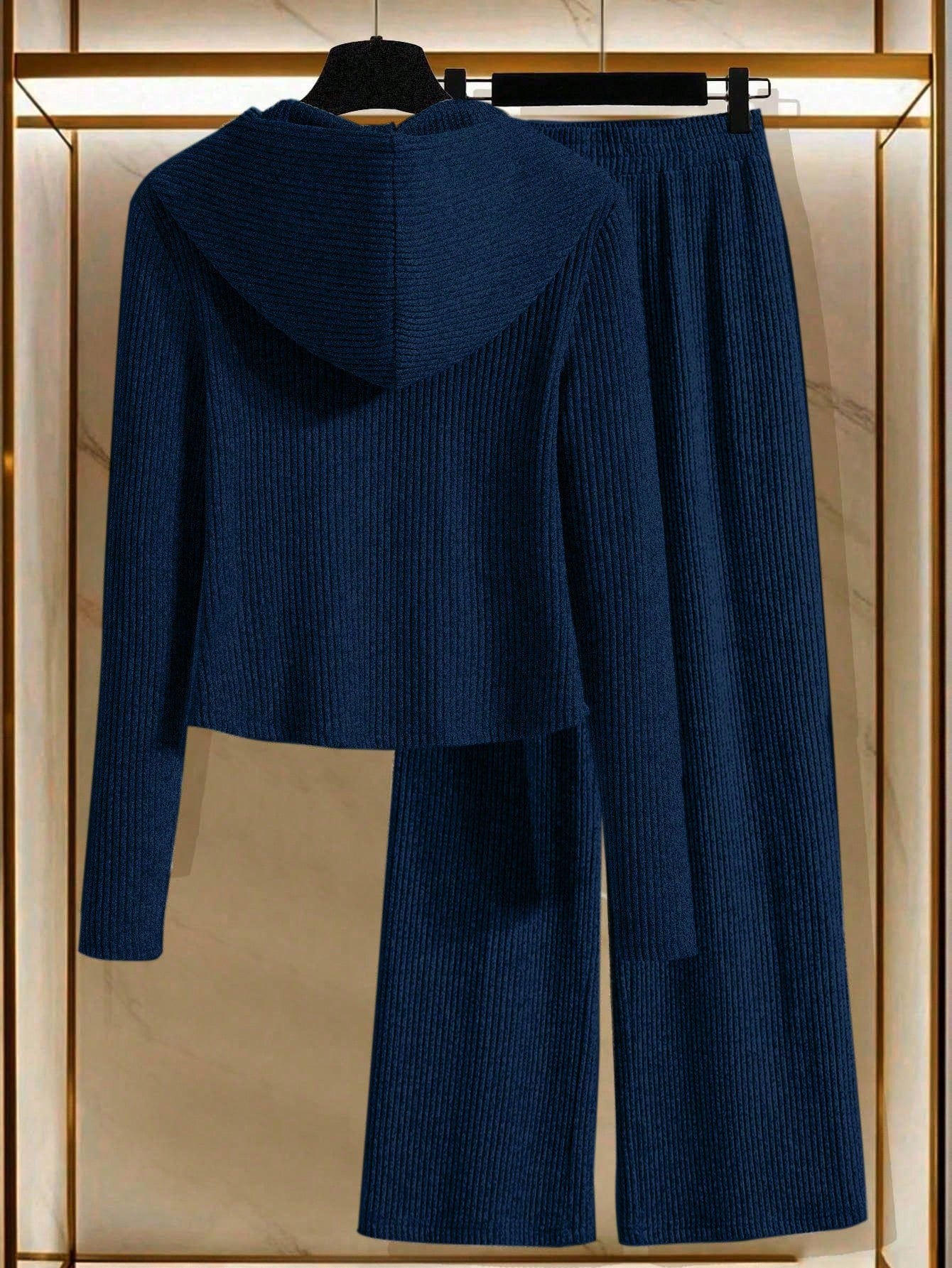 Women's Solid Color Long Sleeve Zip-Up Hooded Top And Wide Leg Pants Casual 2 Pieces Set