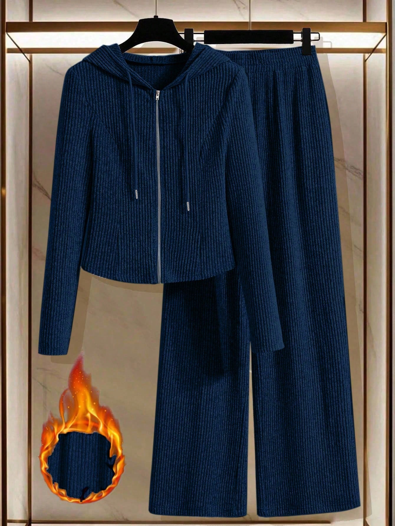 Women's Solid Color Long Sleeve Zip-Up Hooded Top And Wide Leg Pants Casual 2 Pieces Set