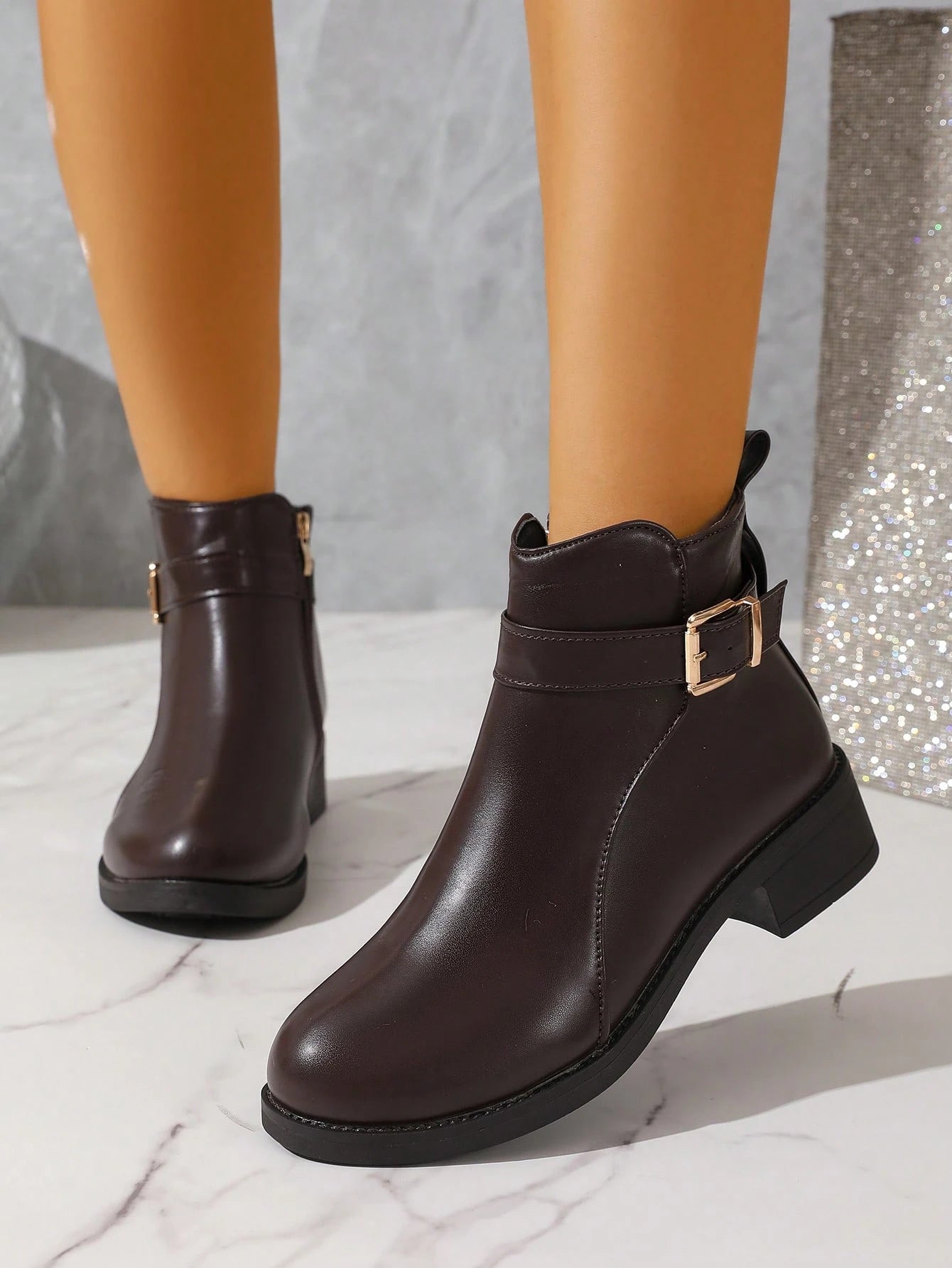 Women's Autumn/Winter Leather-Textured Boots, Side Zipper For Easy On/Off, Chunky Heel Comfortable Wear, Warm Lining, Versatile For Commute, Work, Outings, Elegant & Classy British Style Ankle Boots