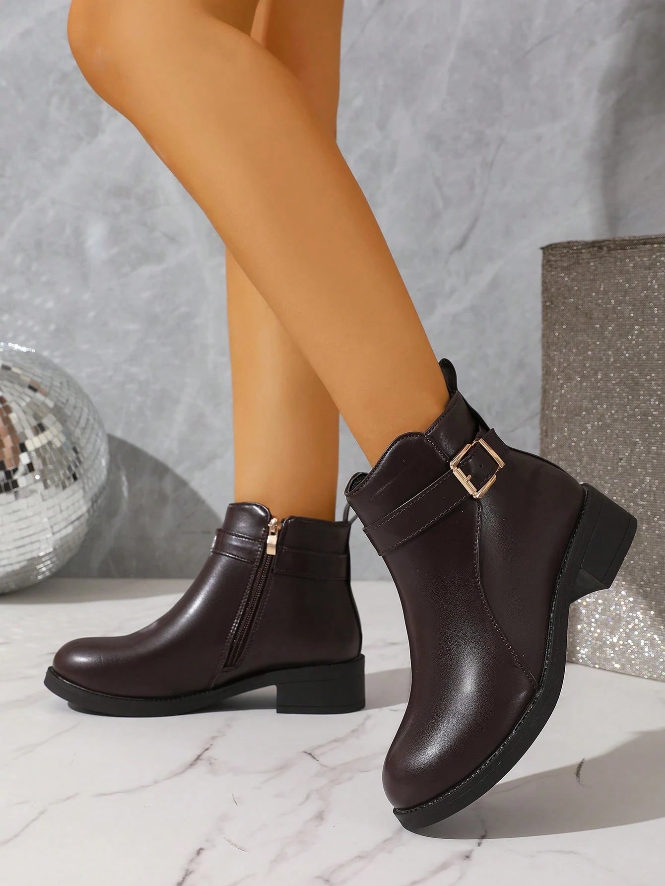 Women's Autumn/Winter Leather-Textured Boots, Side Zipper For Easy On/Off, Chunky Heel Comfortable Wear, Warm Lining, Versatile For Commute, Work, Outings, Elegant & Classy British Style Ankle Boots
