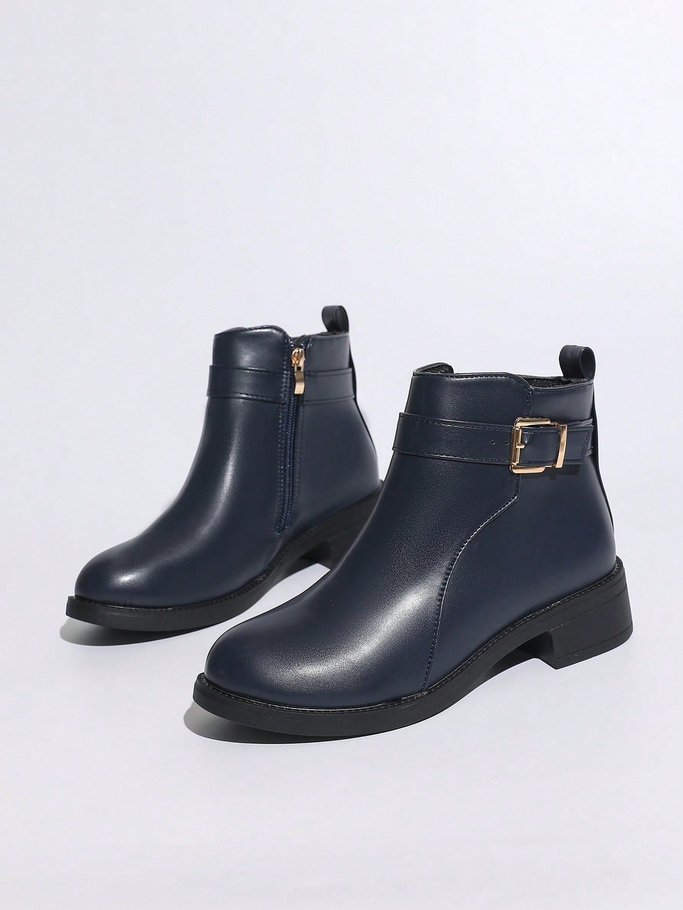 Women's Autumn/Winter Leather-Textured Boots, Side Zipper For Easy On/Off, Chunky Heel Comfortable Wear, Warm Lining, Versatile For Commute, Work, Outings, Elegant & Classy British Style Ankle Boots