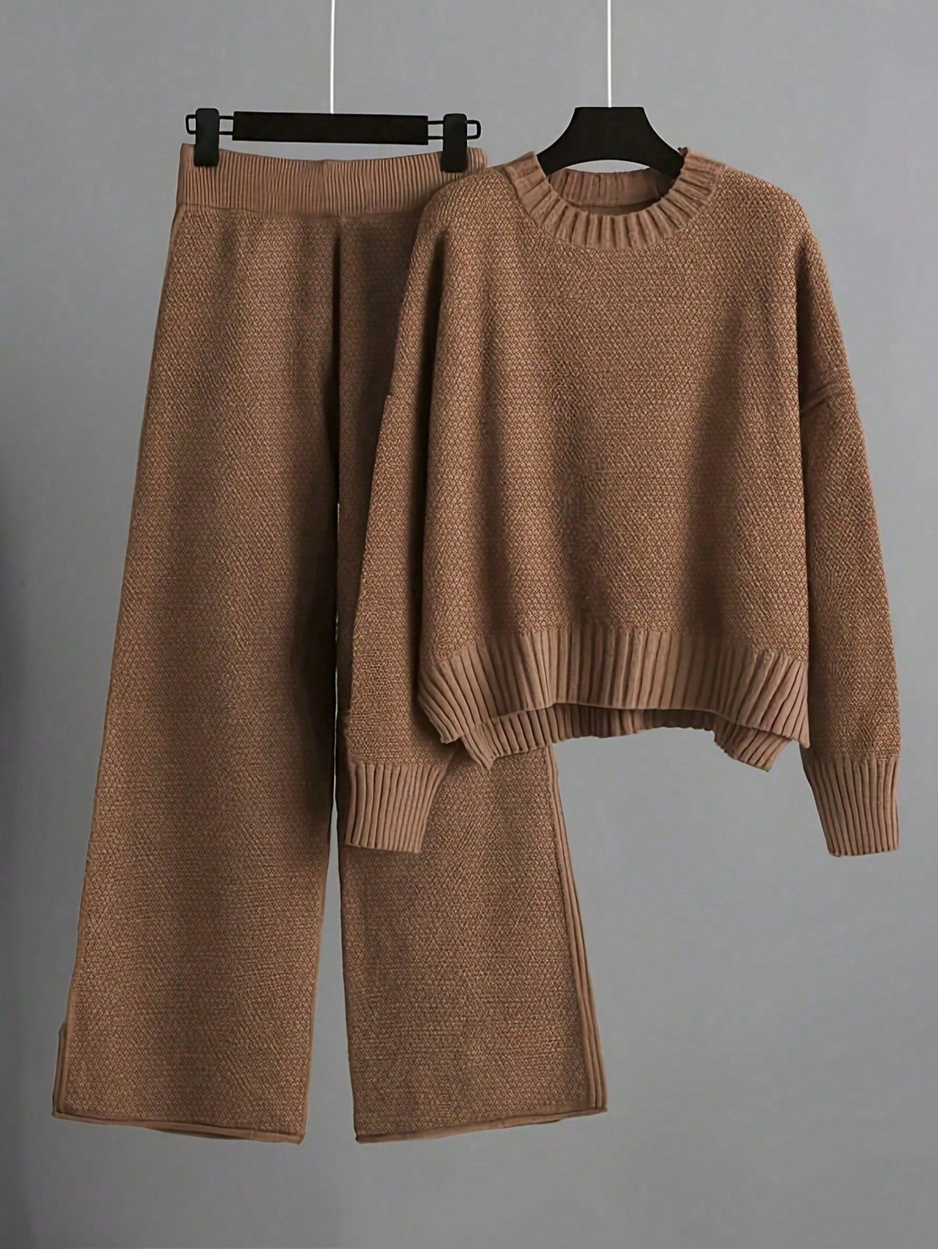 2pcs/Set Solid Color Crew Neck Long Sleeve Top And Pants Casual Outfit Fall Winter Cloth For Women