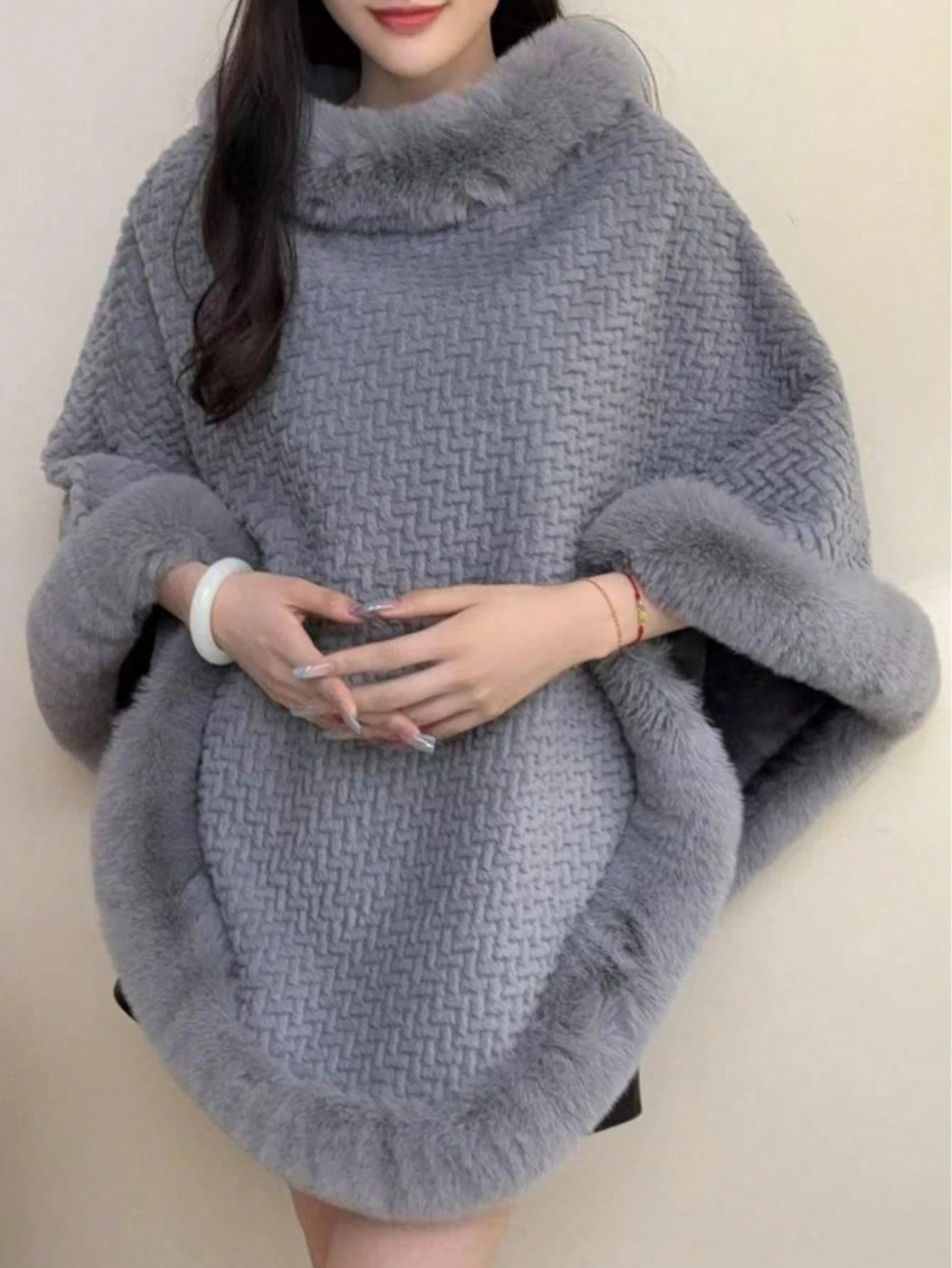 1pc Knitted Textured Women Hooded Poncho Shawl, Soft Faux Rabbit Fur Collar, Loose Fit Autumn/Winter Outerwear Cape For Dress
