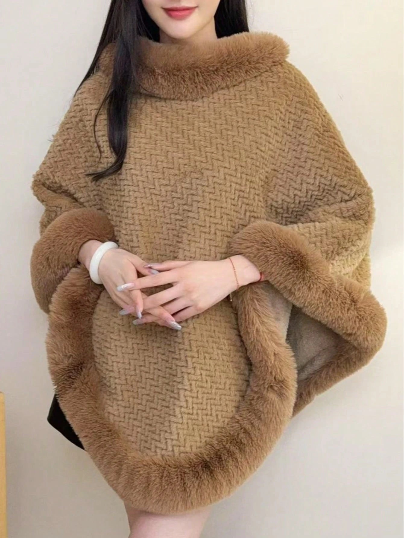 1pc Knitted Textured Women Hooded Poncho Shawl, Soft Faux Rabbit Fur Collar, Loose Fit Autumn/Winter Outerwear Cape For Dress