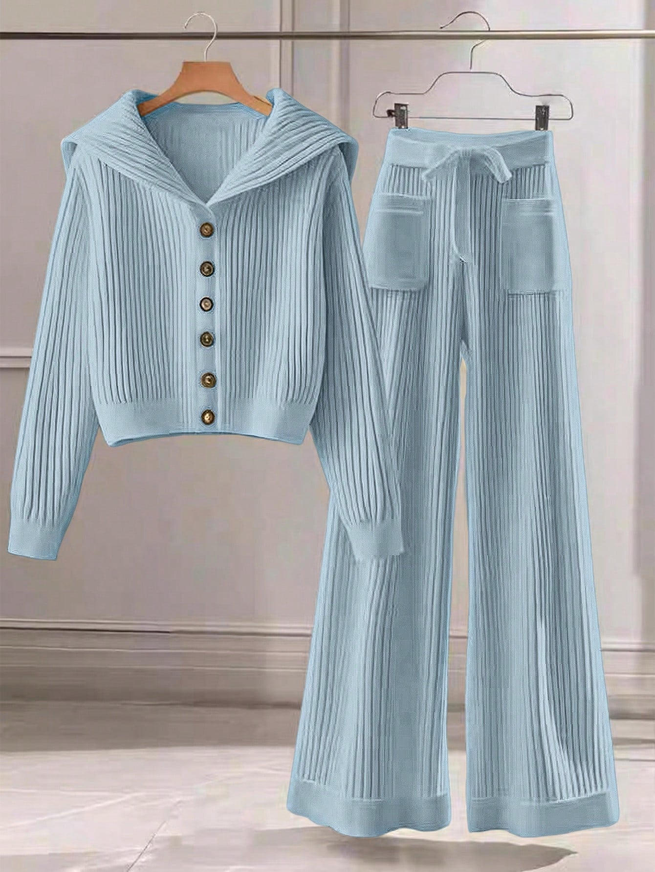 Women Casual Solid Color Knit Sweater Set, Collared Button-Up Cardigan And Front Bow Pocket Knit Pants