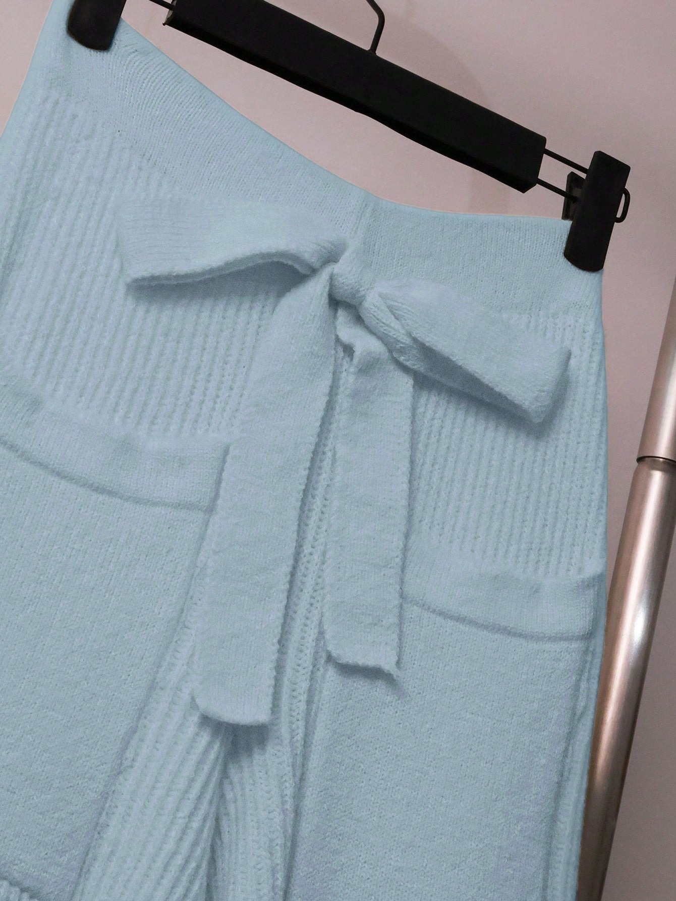 Women Casual Solid Color Knit Sweater Set, Collared Button-Up Cardigan And Front Bow Pocket Knit Pants