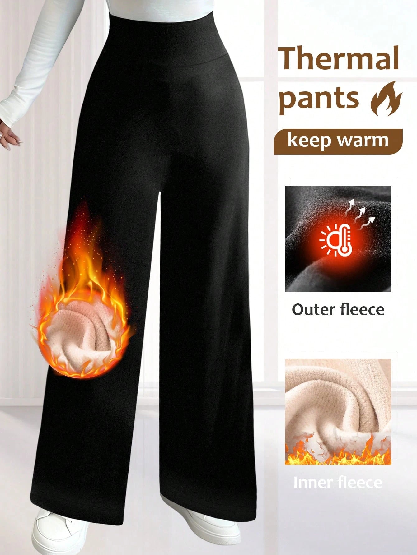 Women's High Waist Fleece Wide Leg Pants - Solid Color, Soft Brushed Comfortable Loose Fit, Warm Design, Casual Pants For Autumn/Winter, Outdoor Versatile Straight Leg Trousers With Elastic Waistband