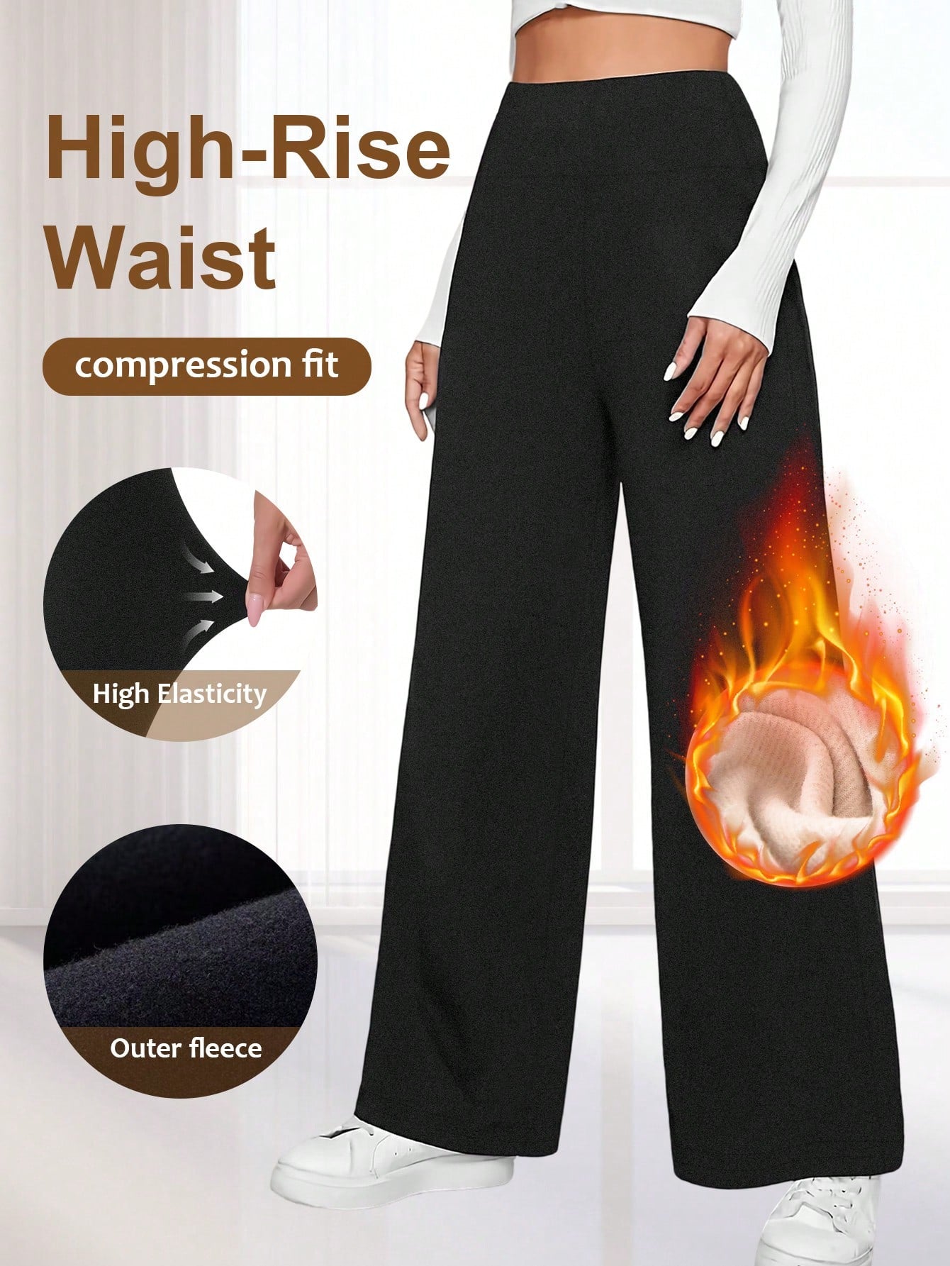 Women's High Waist Fleece Wide Leg Pants - Solid Color, Soft Brushed Comfortable Loose Fit, Warm Design, Casual Pants For Autumn/Winter, Outdoor Versatile Straight Leg Trousers With Elastic Waistband
