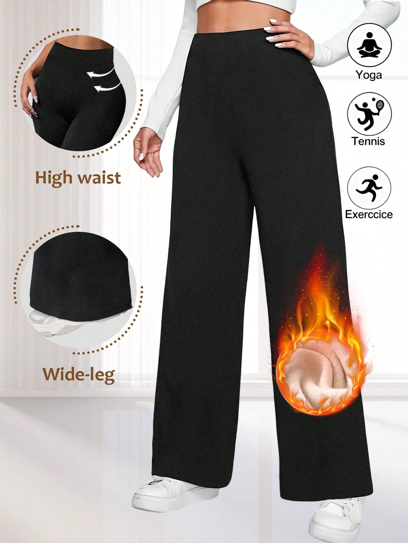Women's High Waist Fleece Wide Leg Pants - Solid Color, Soft Brushed Comfortable Loose Fit, Warm Design, Casual Pants For Autumn/Winter, Outdoor Versatile Straight Leg Trousers With Elastic Waistband