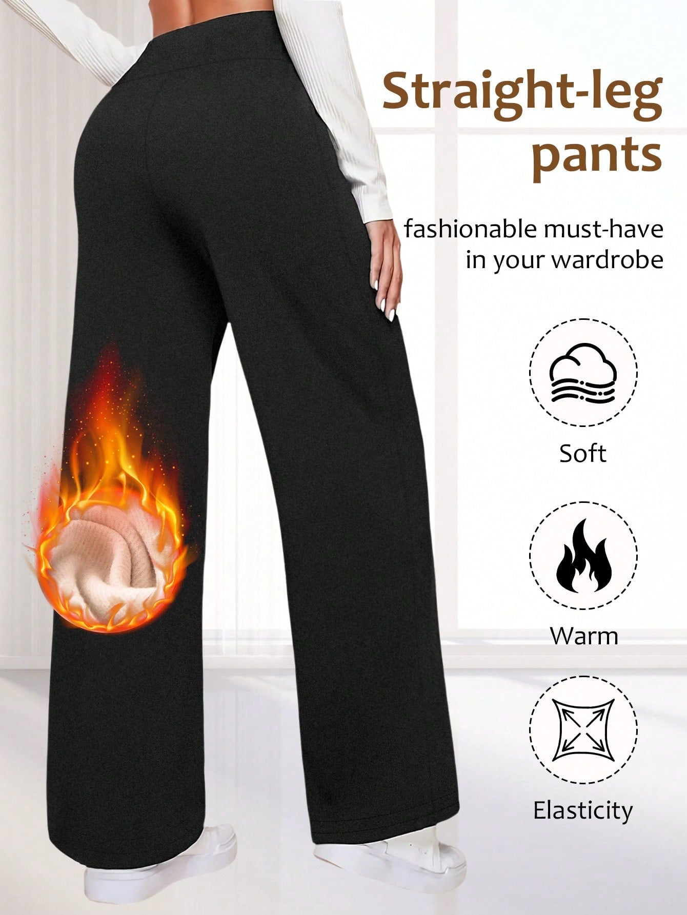 Women's High Waist Fleece Wide Leg Pants - Solid Color, Soft Brushed Comfortable Loose Fit, Warm Design, Casual Pants For Autumn/Winter, Outdoor Versatile Straight Leg Trousers With Elastic Waistband