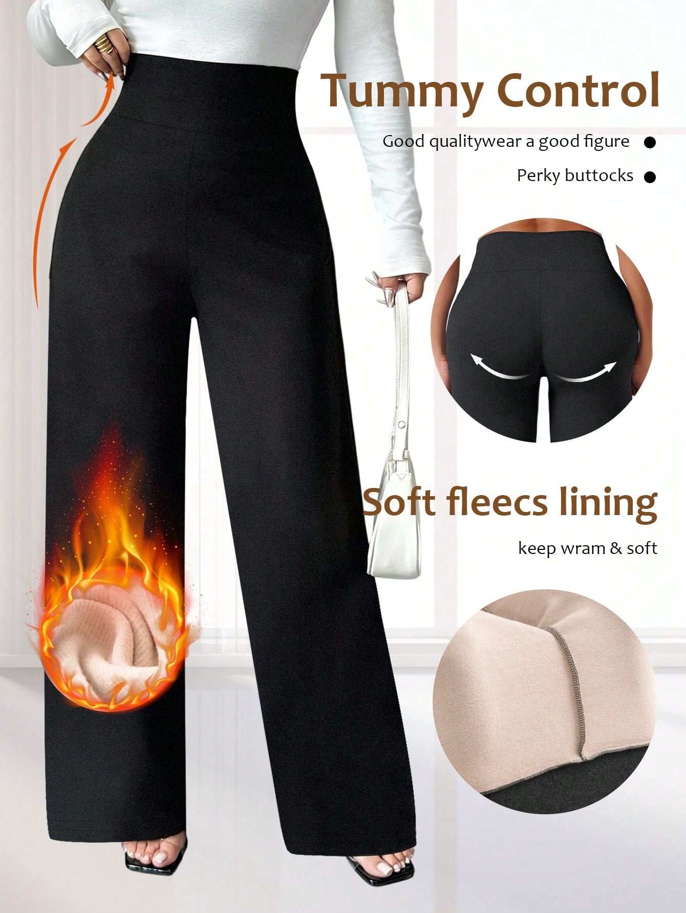 Women's High Waist Fleece Wide Leg Pants - Solid Color, Soft Brushed Comfortable Loose Fit, Warm Design, Casual Pants For Autumn/Winter, Outdoor Versatile Straight Leg Trousers With Elastic Waistband