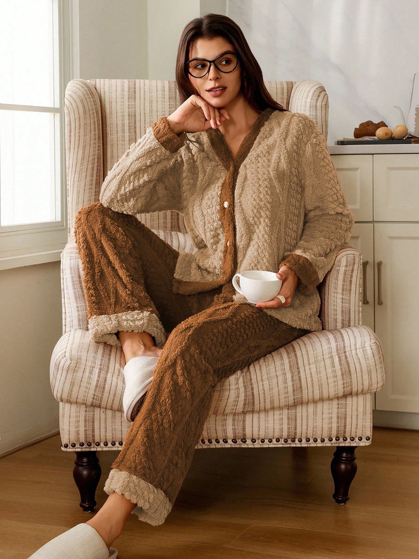 Plush Jacquard Colorblock Open Front Long Sleeve Top & Pants Women PJS Lounge Sets