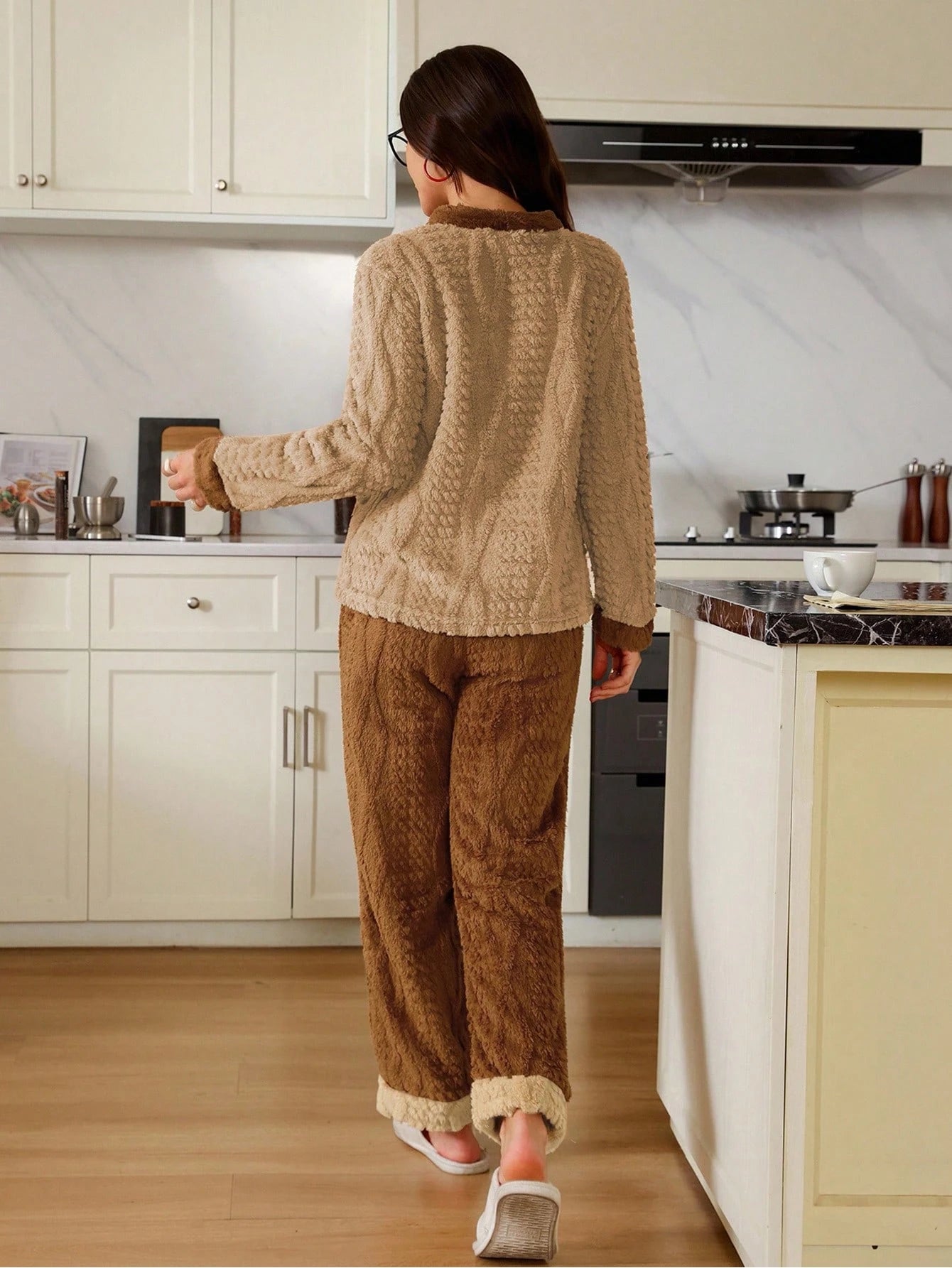 Plush Jacquard Colorblock Open Front Long Sleeve Top & Pants Women PJS Lounge Sets