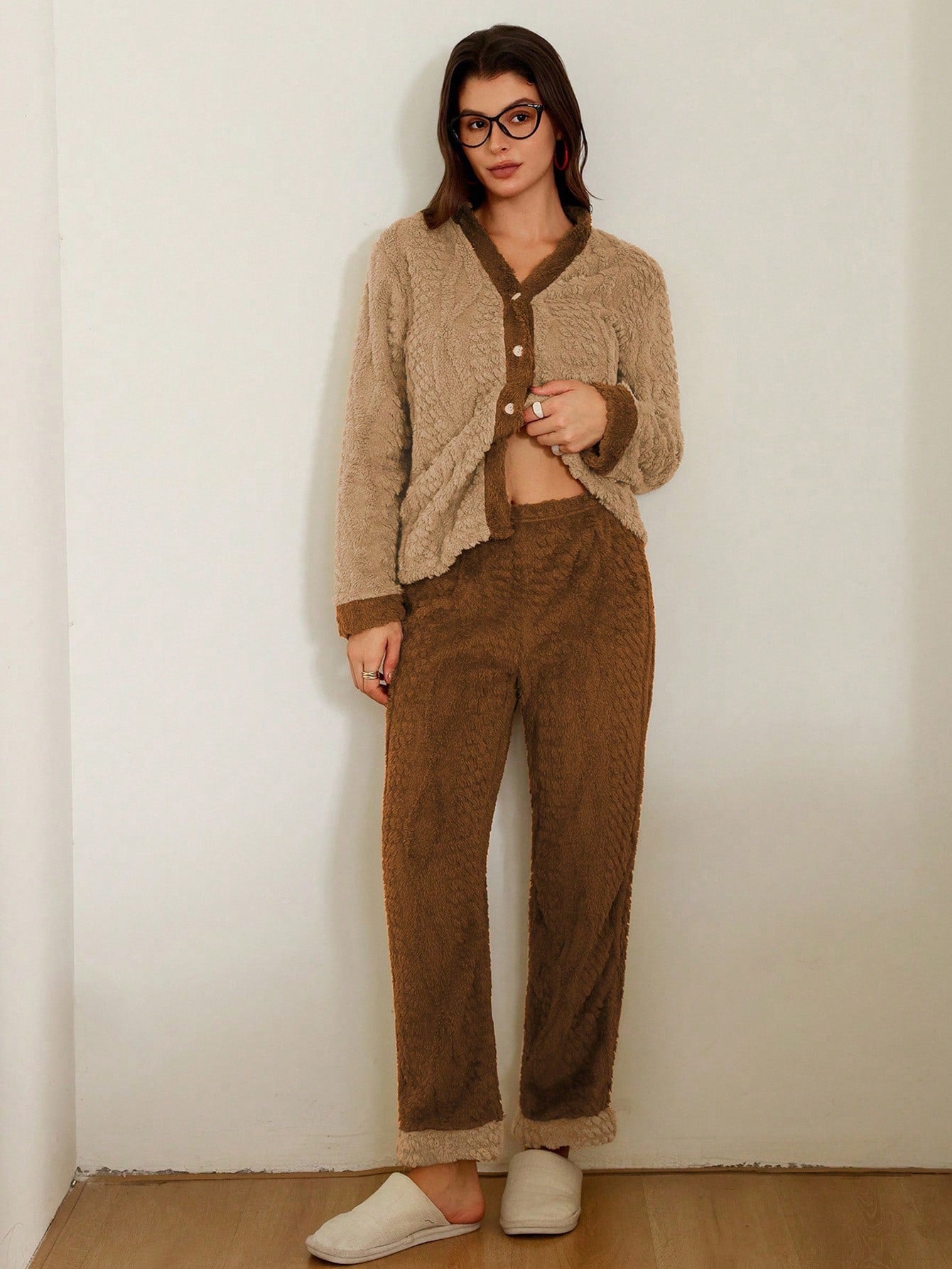 Plush Jacquard Colorblock Open Front Long Sleeve Top & Pants Women PJS Lounge Sets