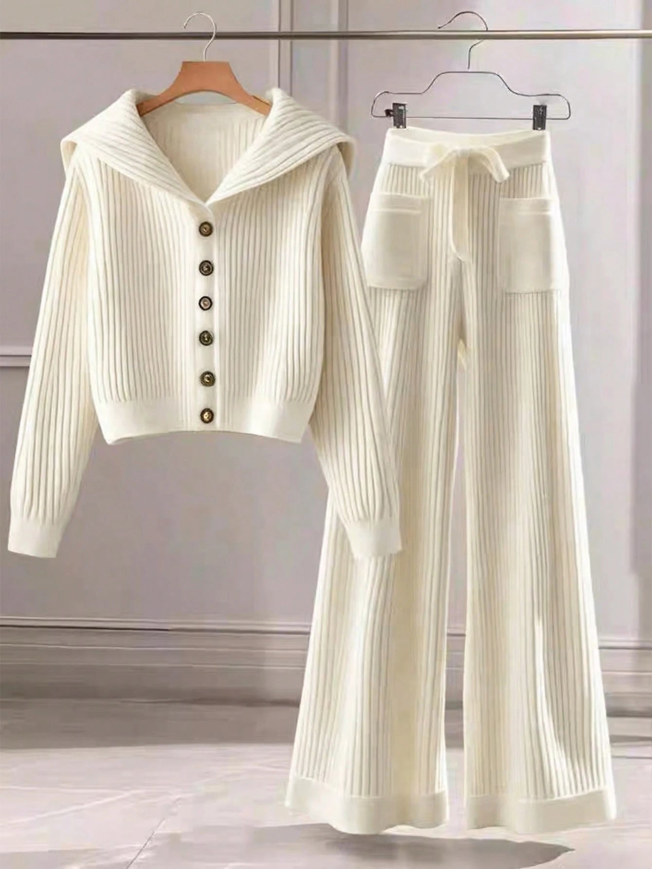 Women Casual Solid Color Knit Sweater Set, Collared Button-Up Cardigan And Front Bow Pocket Knit Pants