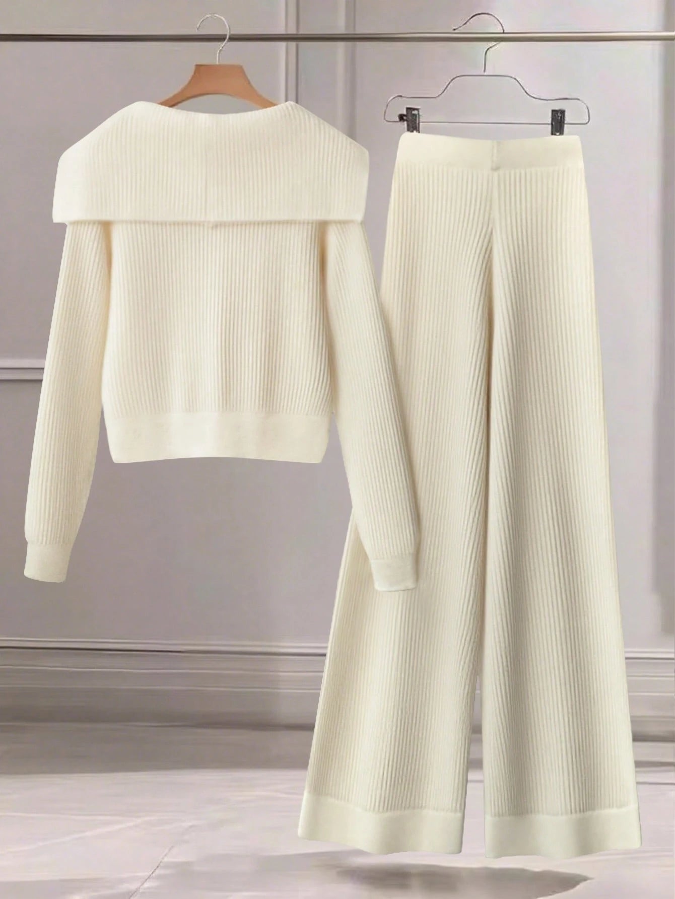 Women Casual Solid Color Knit Sweater Set, Collared Button-Up Cardigan And Front Bow Pocket Knit Pants