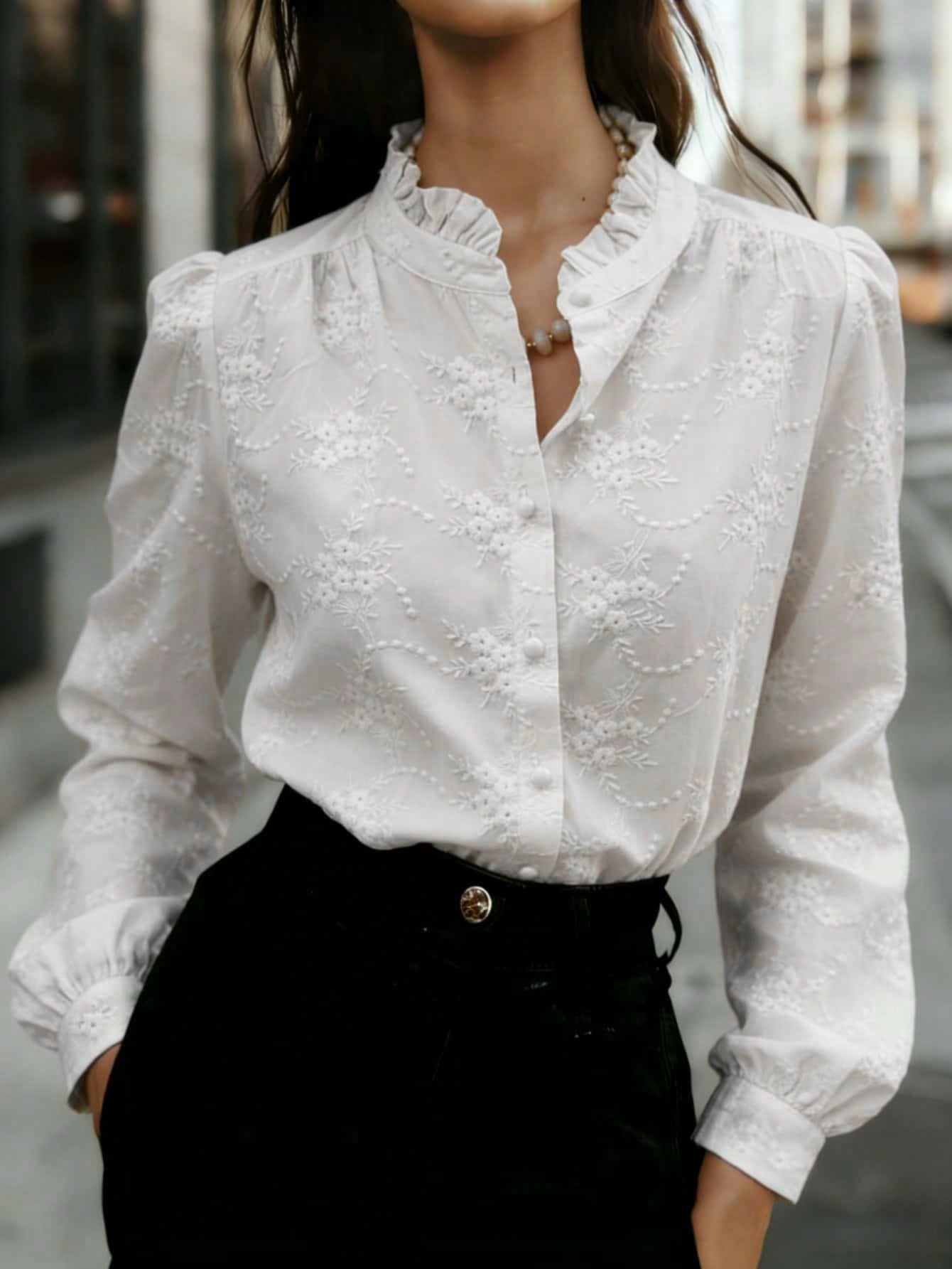 Women's Solid Color Long Sleeve Shirt With Floral Embroidery
