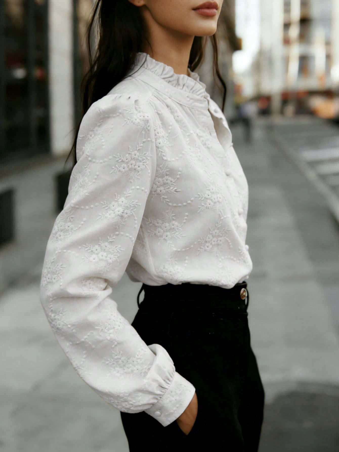 Women's Solid Color Long Sleeve Shirt With Floral Embroidery
