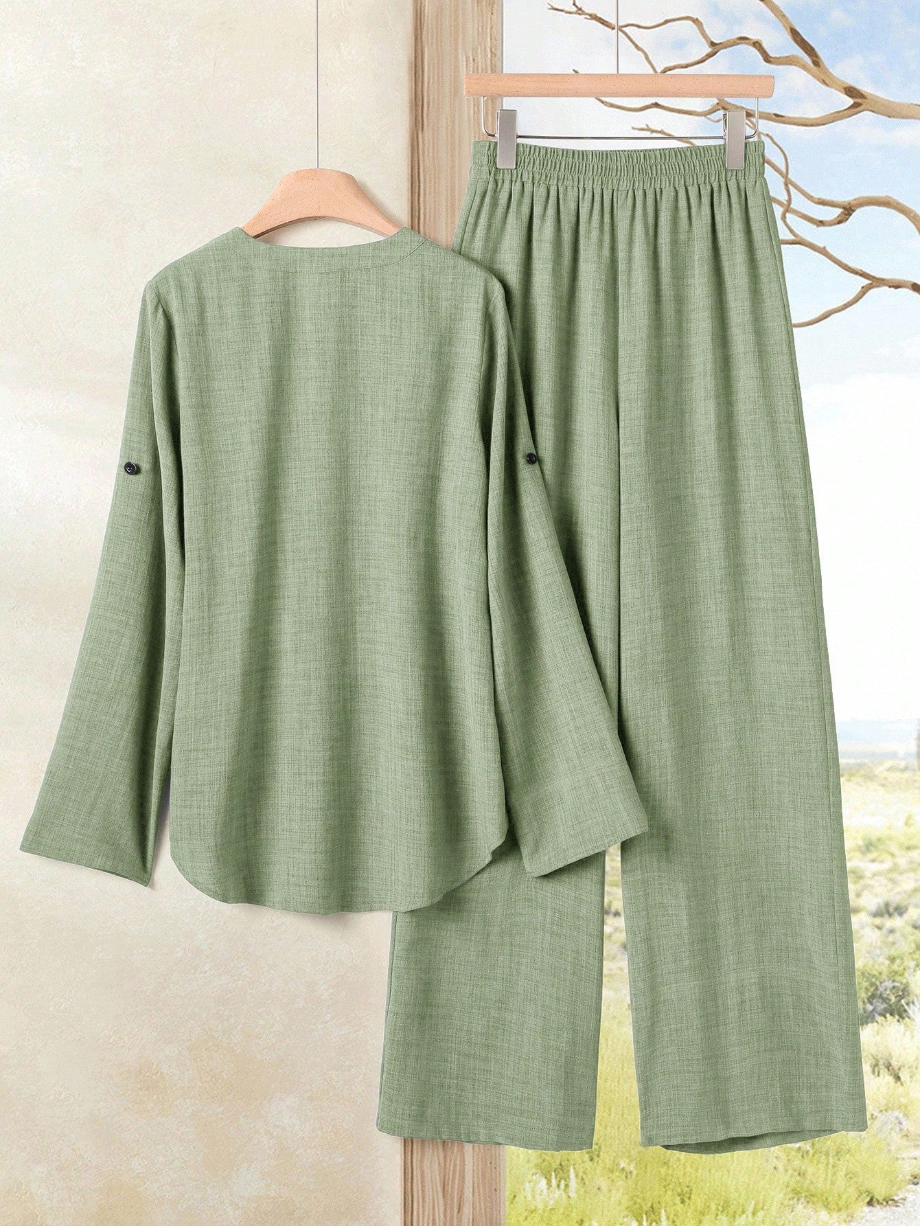 Women's Casual Solid Color Notched Neck Ruffle Sleeve Top And Elastic Waist Wide Leg Pants Set