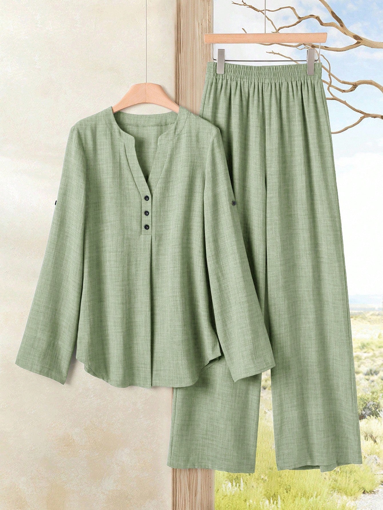 Women's Casual Solid Color Notched Neck Ruffle Sleeve Top And Elastic Waist Wide Leg Pants Set