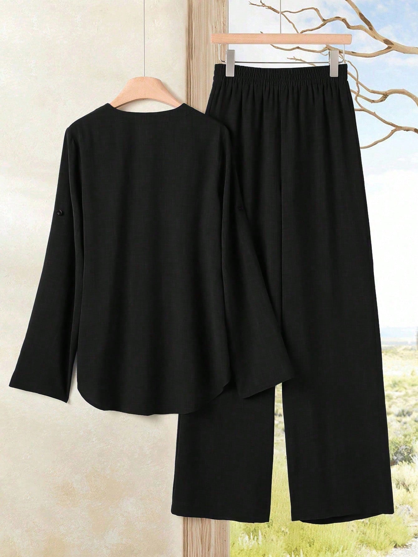 Women's Casual Solid Color Notched Neck Ruffle Sleeve Top And Elastic Waist Wide Leg Pants Set