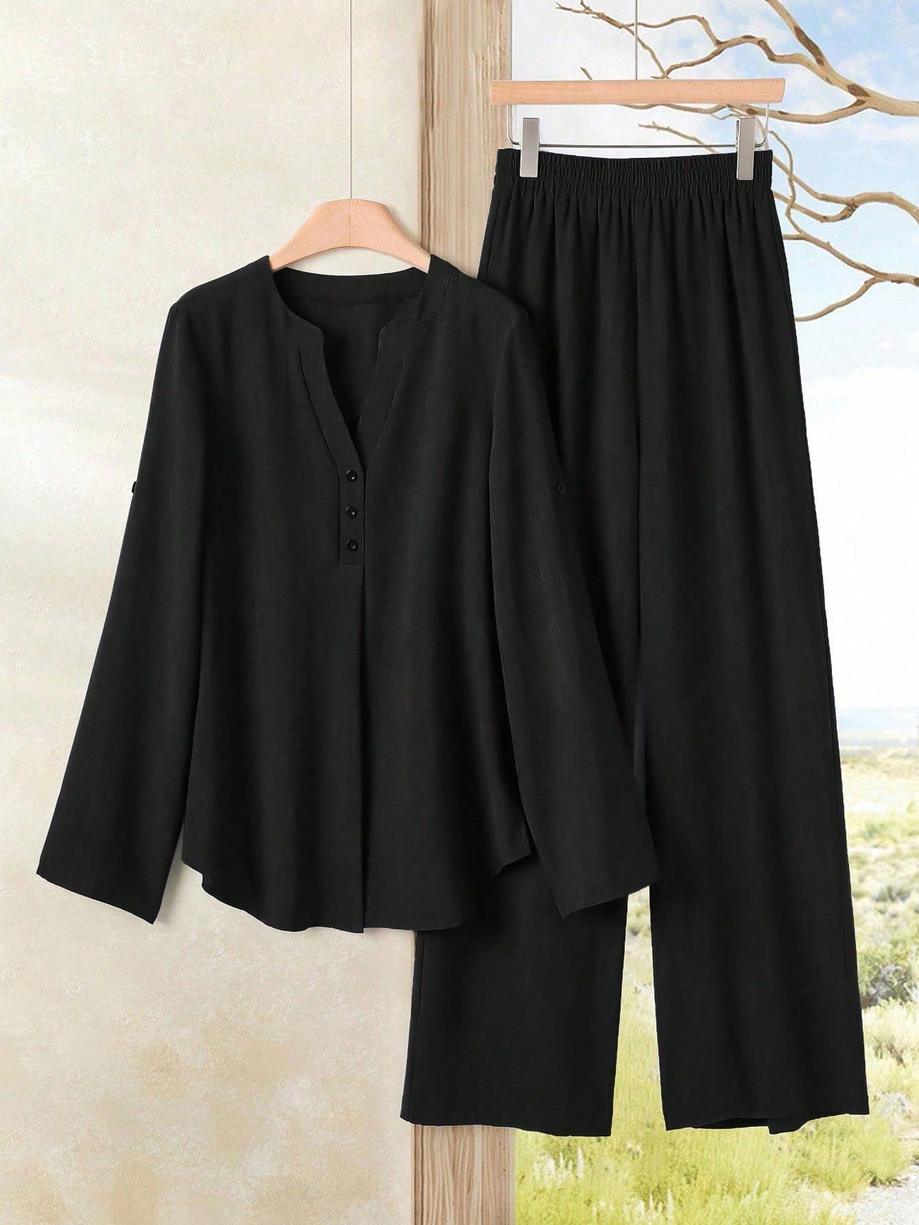 Women's Casual Solid Color Notched Neck Ruffle Sleeve Top And Elastic Waist Wide Leg Pants Set
