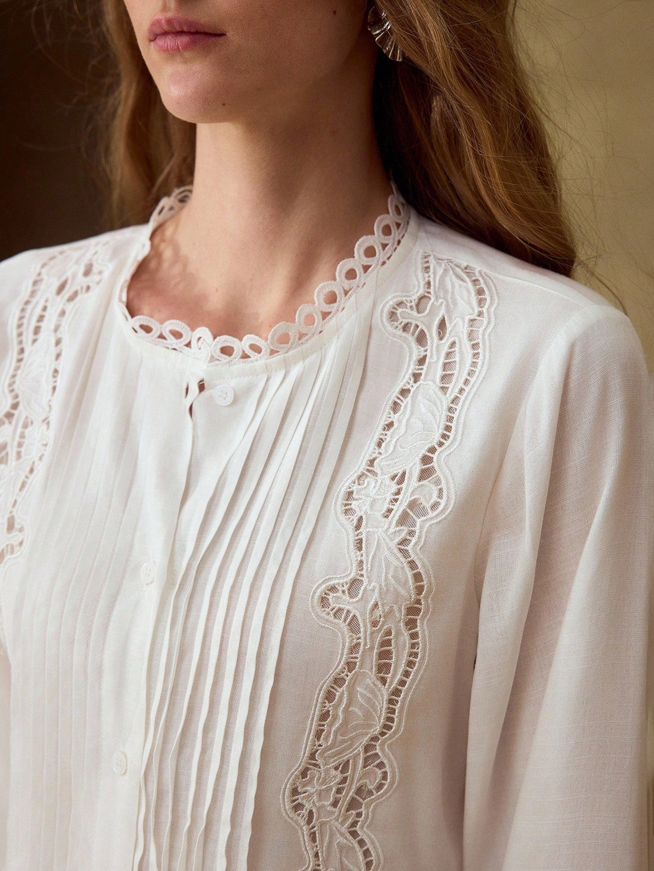 Premium Women's Perforated Embroidered Pleated Cotton Linen Blouse