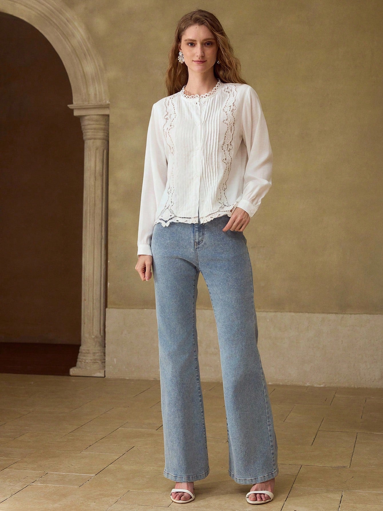 Premium Women's Perforated Embroidered Pleated Cotton Linen Blouse
