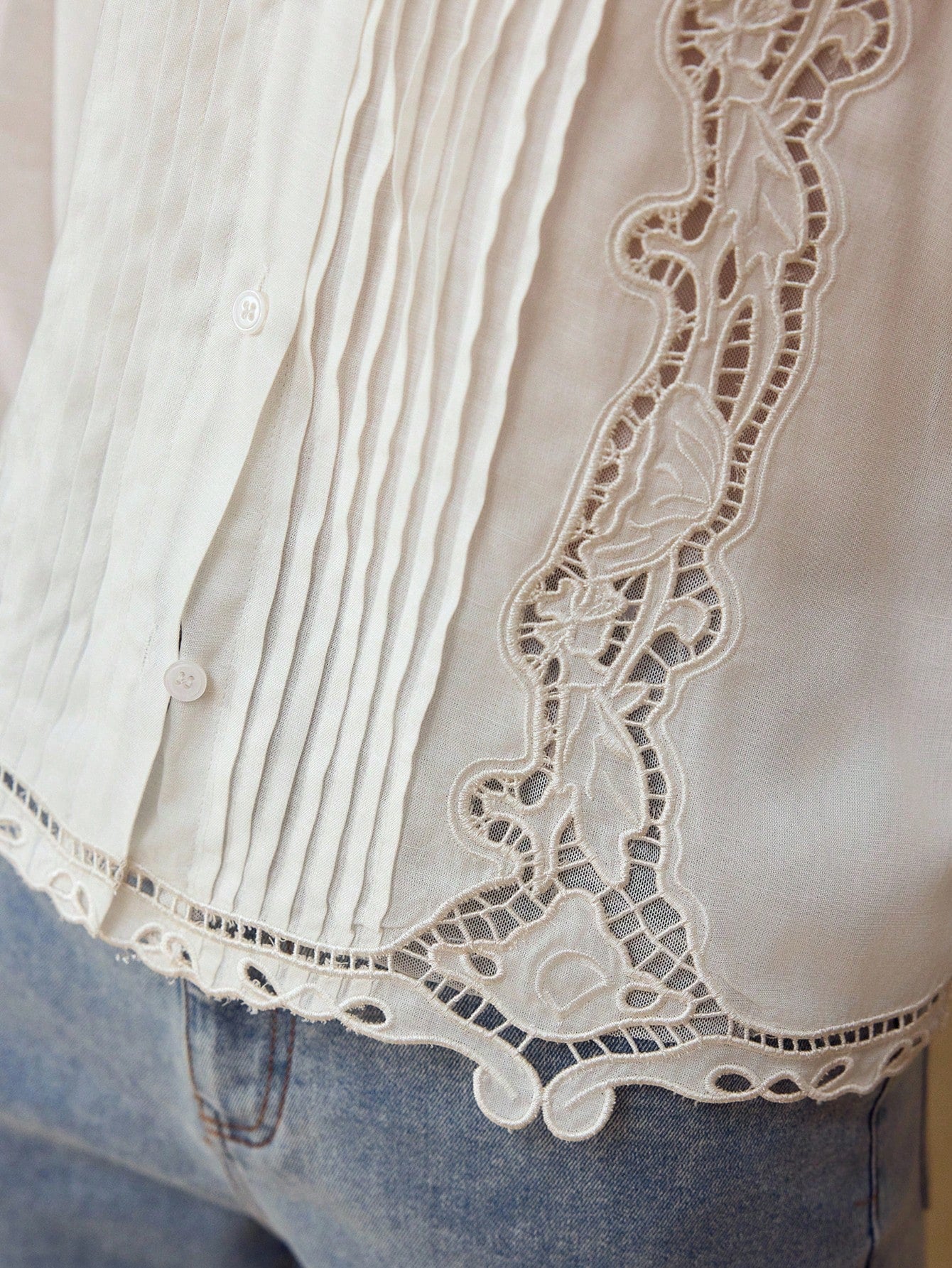 Premium Women's Perforated Embroidered Pleated Cotton Linen Blouse