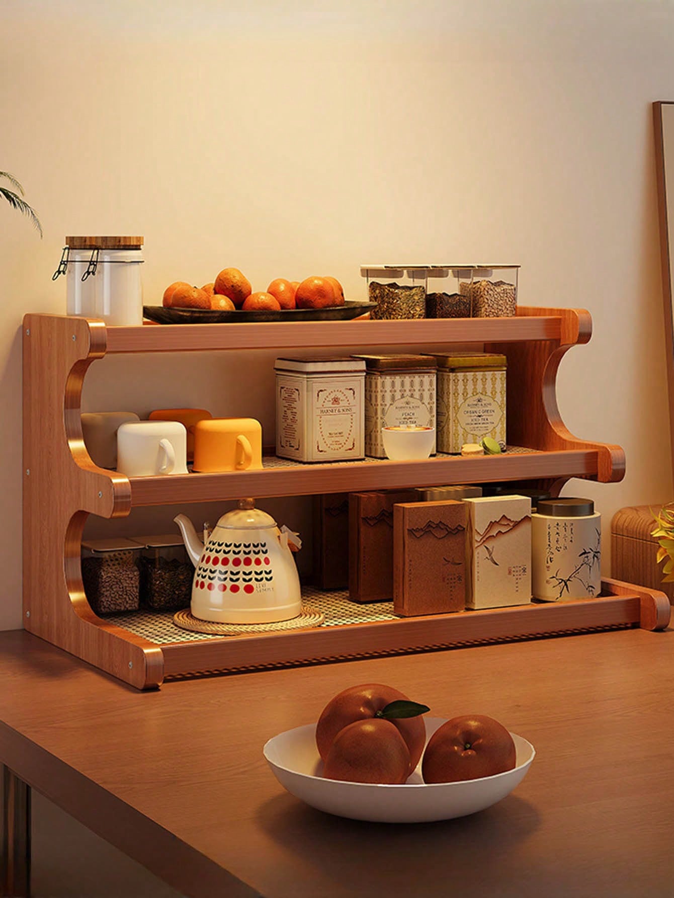 Wooden Trapezoidal Rattan Multi-Tiered Storage Shelf, Bookshelf, Kitchen And Office Use, Home Essentials
