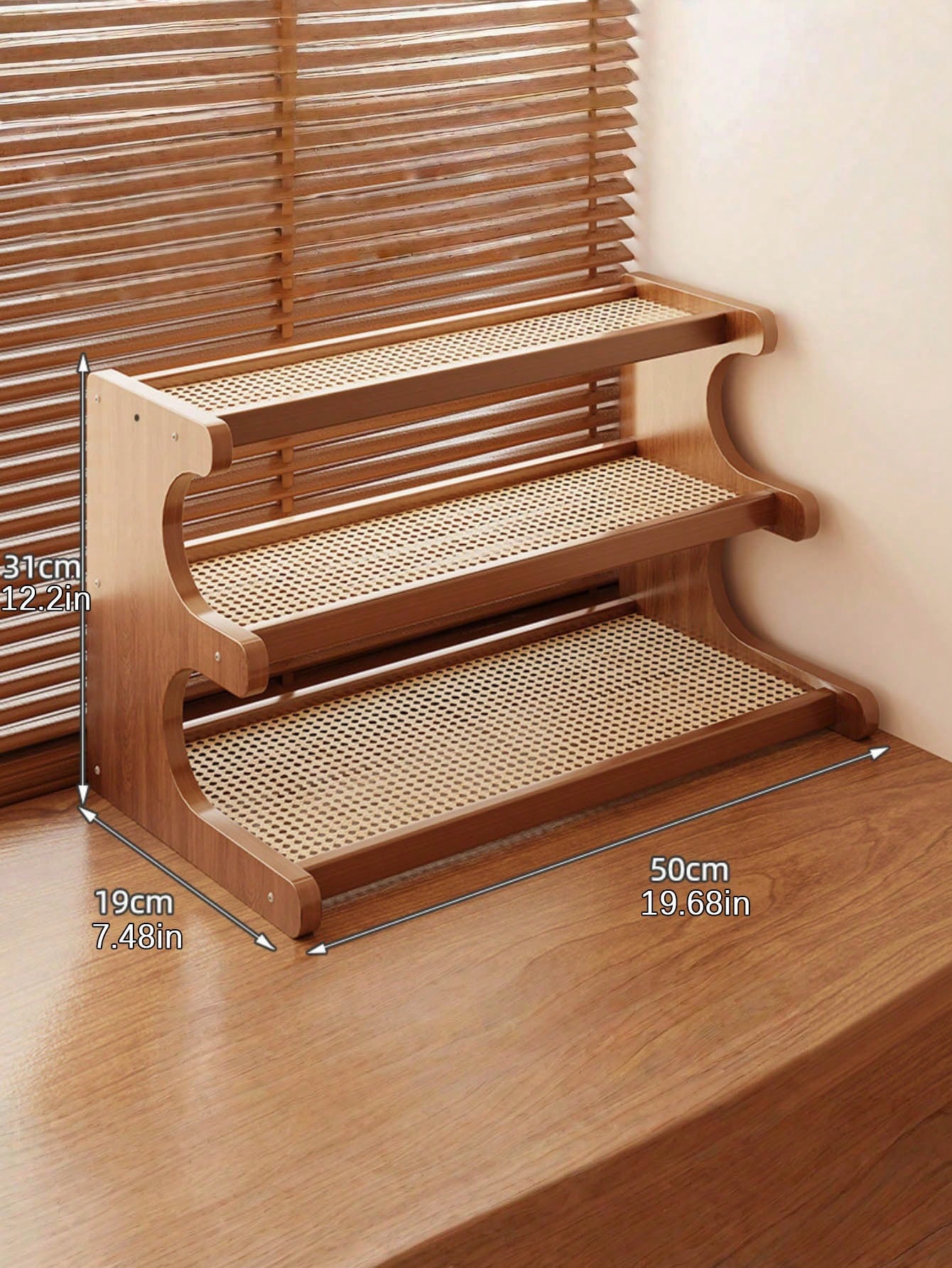Wooden Trapezoidal Rattan Multi-Tiered Storage Shelf, Bookshelf, Kitchen And Office Use, Home Essentials