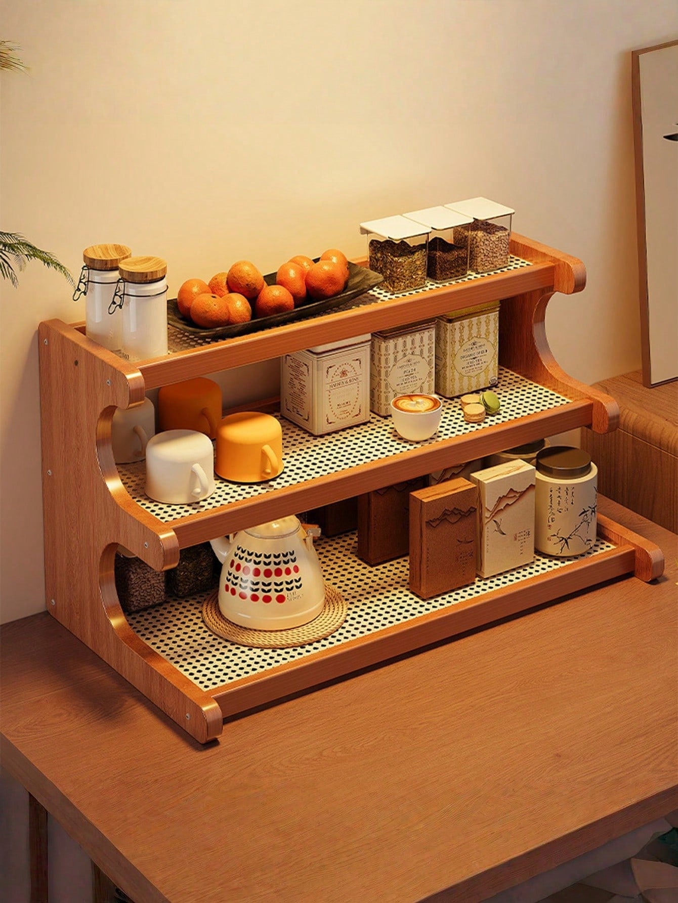 Wooden Trapezoidal Rattan Multi-Tiered Storage Shelf, Bookshelf, Kitchen And Office Use, Home Essentials