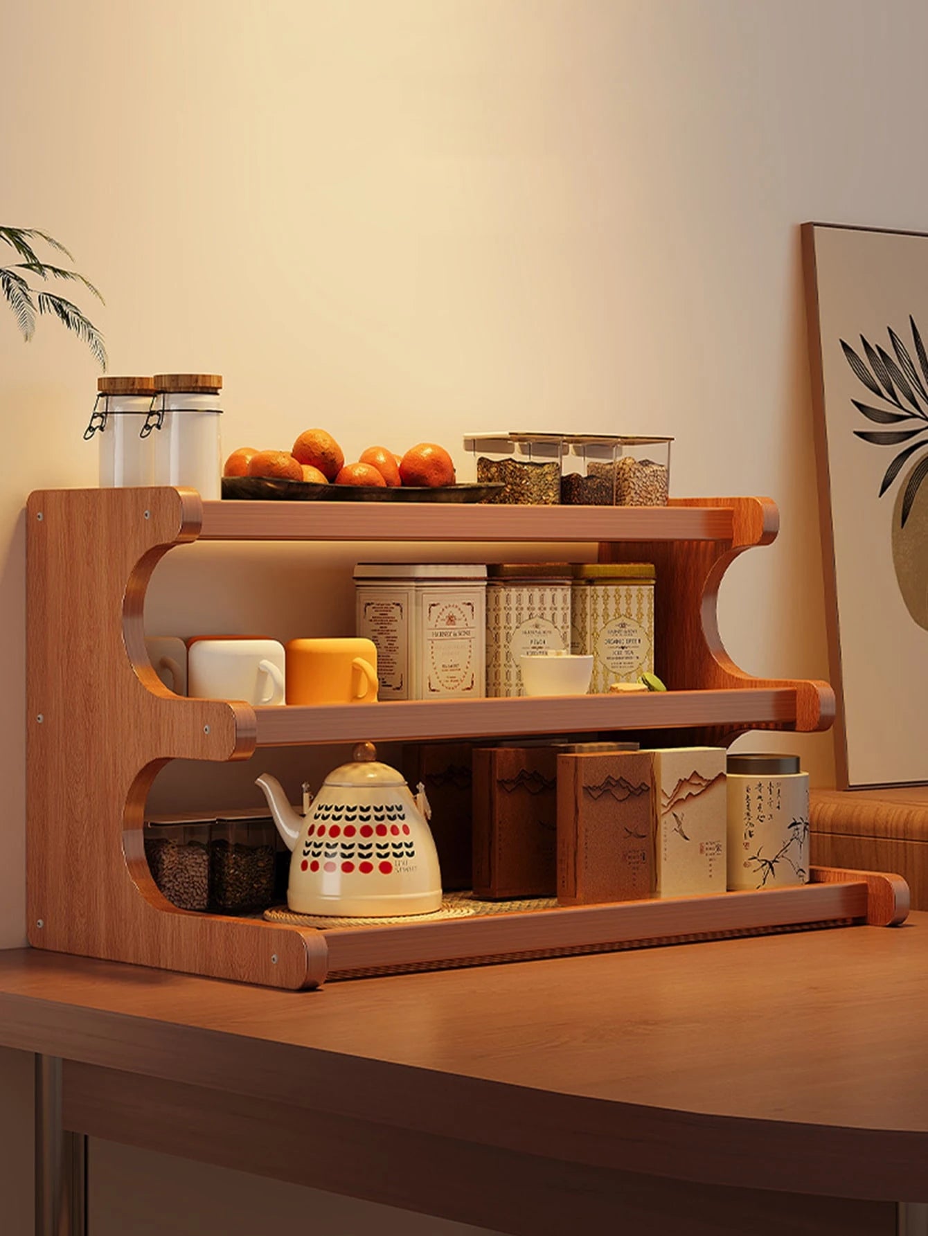 Wooden Trapezoidal Rattan Multi-Tiered Storage Shelf, Bookshelf, Kitchen And Office Use, Home Essentials