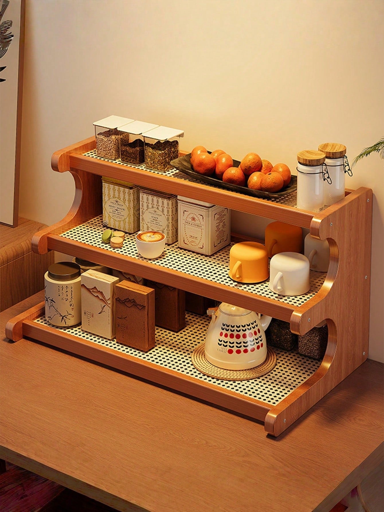 Wooden Trapezoidal Rattan Multi-Tiered Storage Shelf, Bookshelf, Kitchen And Office Use, Home Essentials