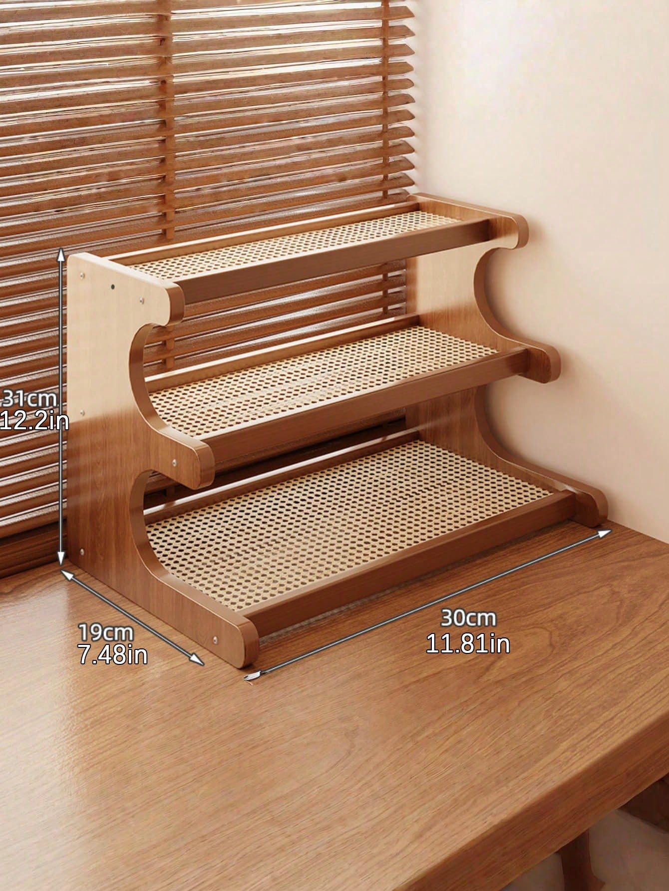 Wooden Trapezoidal Rattan Multi-Tiered Storage Shelf, Bookshelf, Kitchen And Office Use, Home Essentials